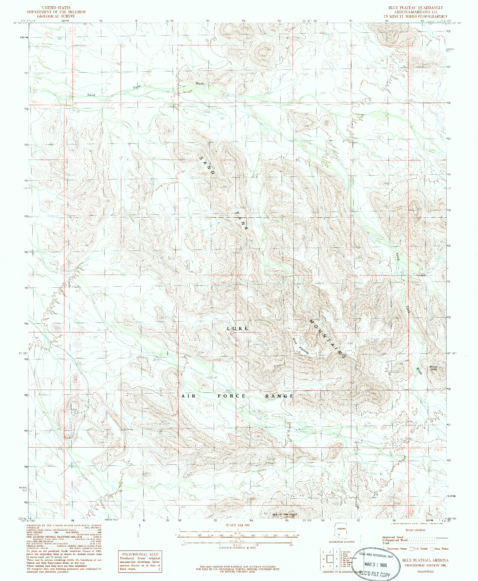 USGS 1:24000-SCALE QUADRANGLE FOR BLUE PLATEAU, AZ 1986