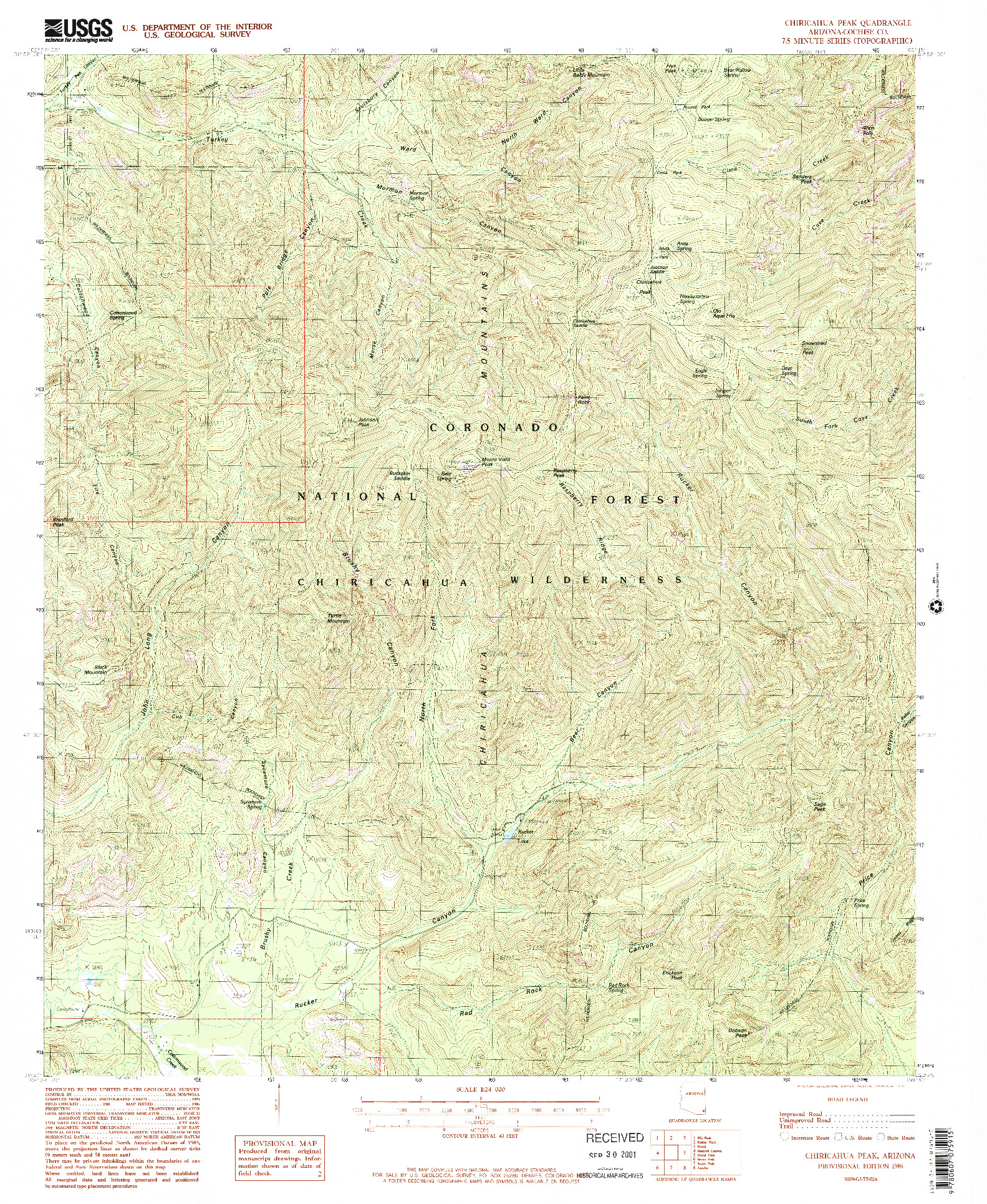 USGS 1:24000-SCALE QUADRANGLE FOR CHIRICAHUA PEAK, AZ 1986