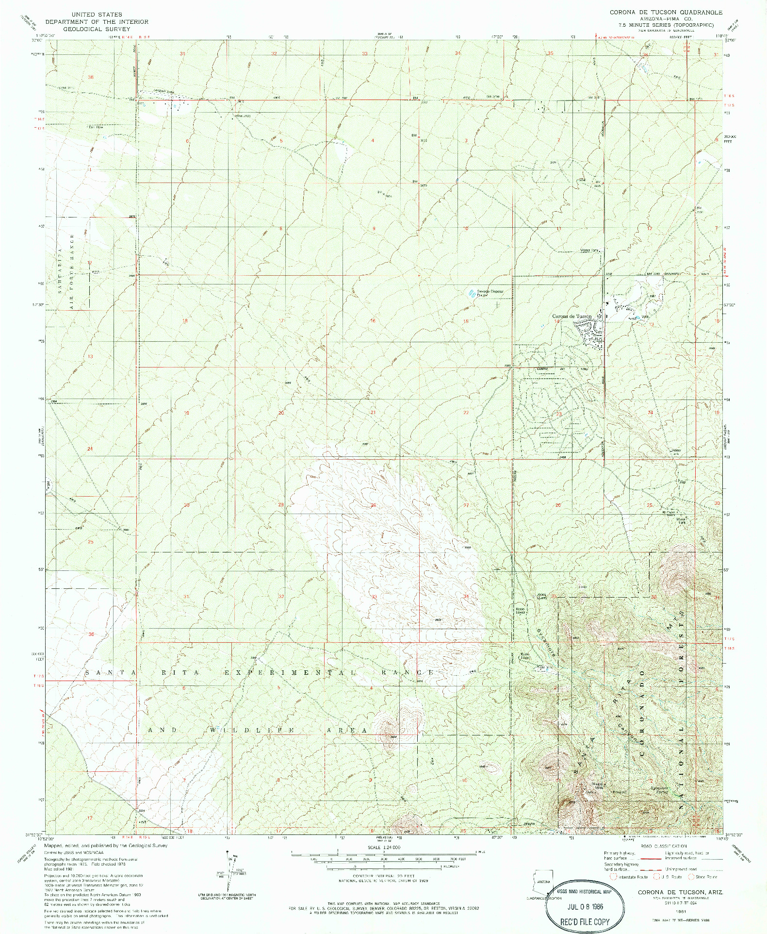 USGS 1:24000-SCALE QUADRANGLE FOR CORONA DE TUCSON, AZ 1981