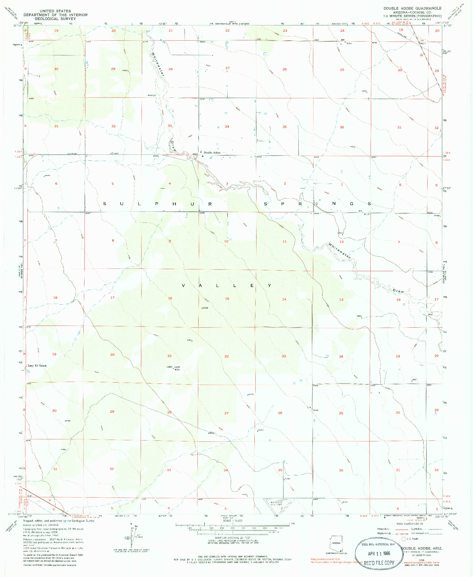 USGS 1:24000-SCALE QUADRANGLE FOR DOUBLE ADOBE, AZ 1958