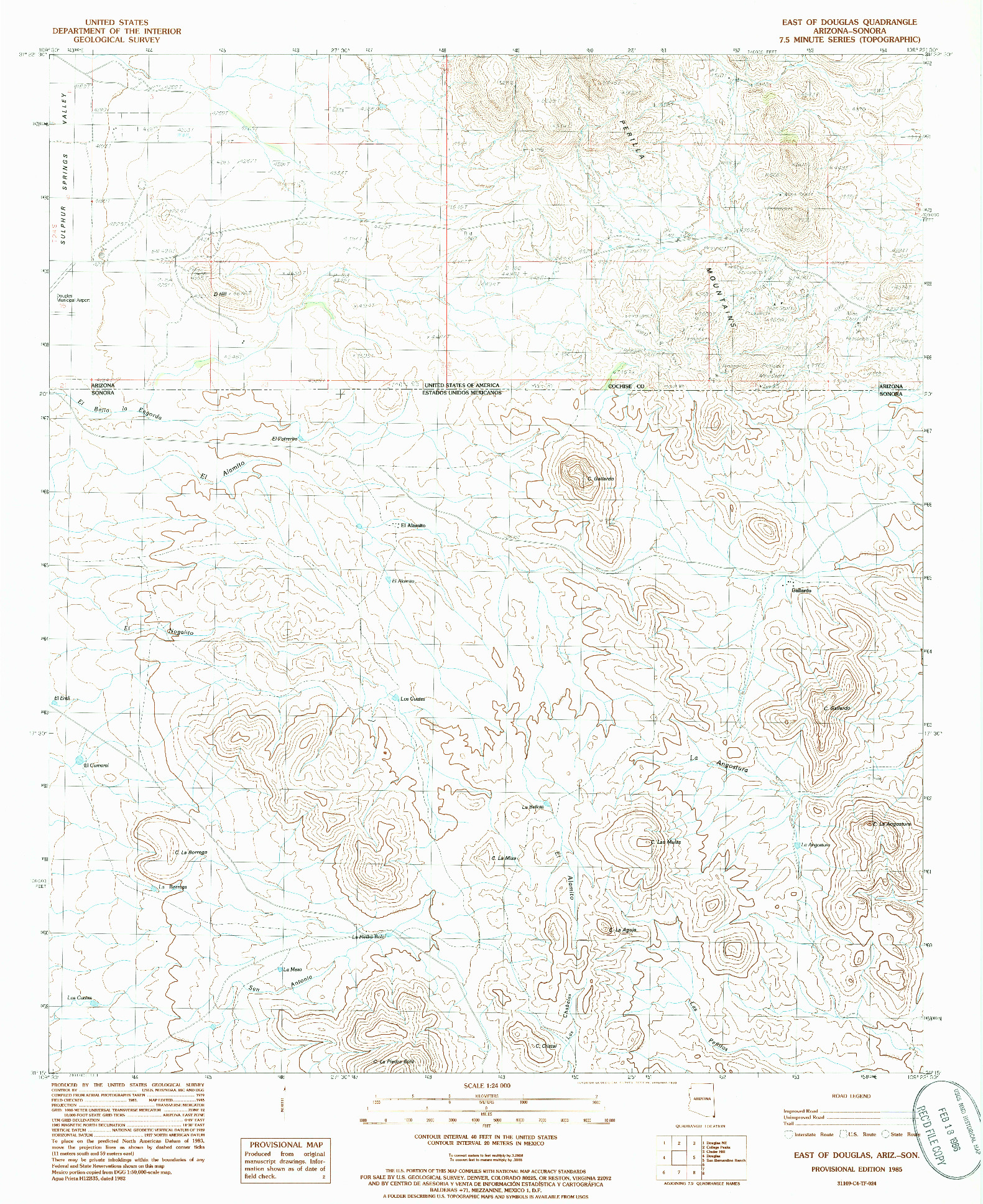 USGS 1:24000-SCALE QUADRANGLE FOR EAST OF DOUGLAS, AZ 1985