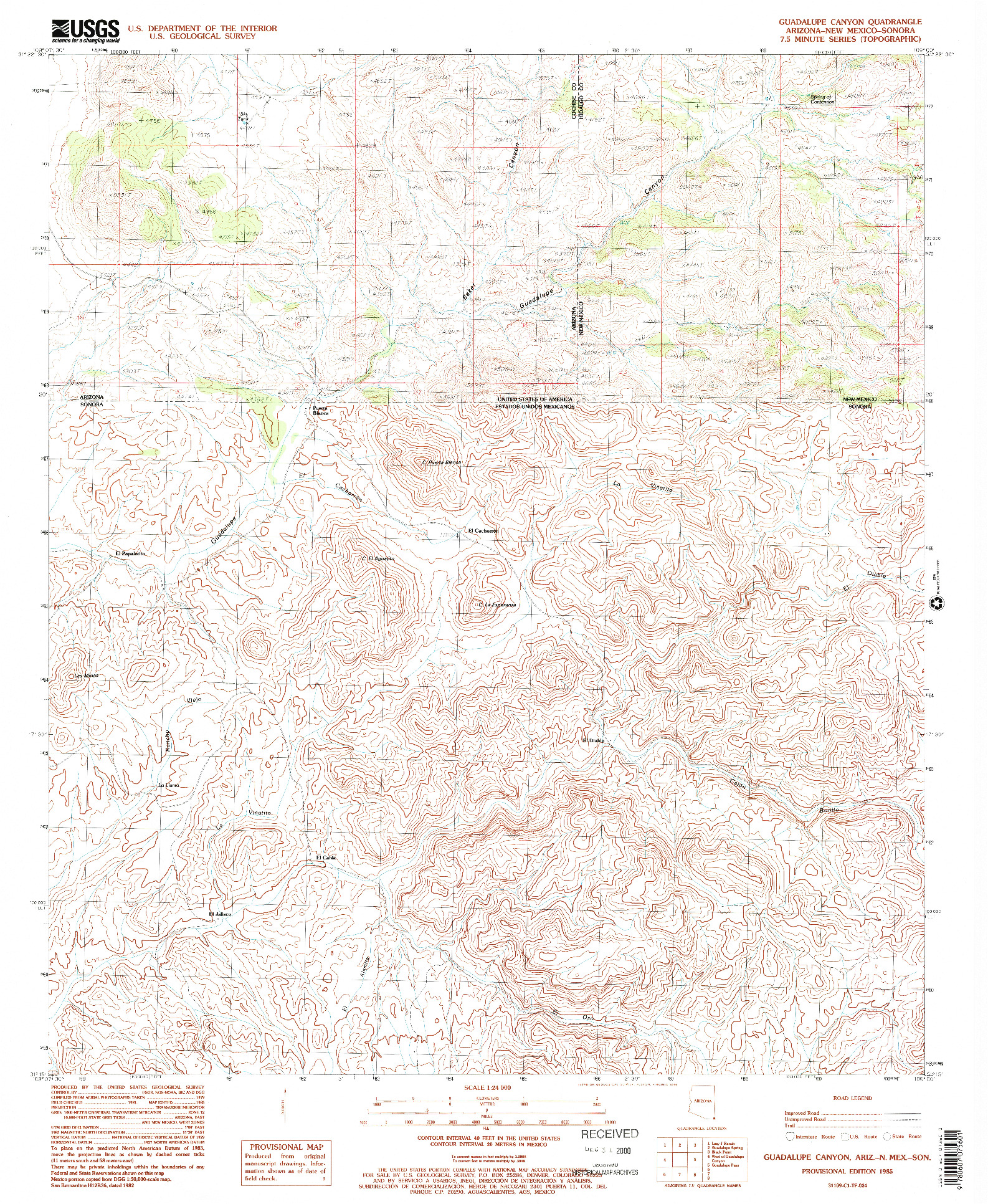 USGS 1:24000-SCALE QUADRANGLE FOR GUADALUPE CANYON, AZ 1985