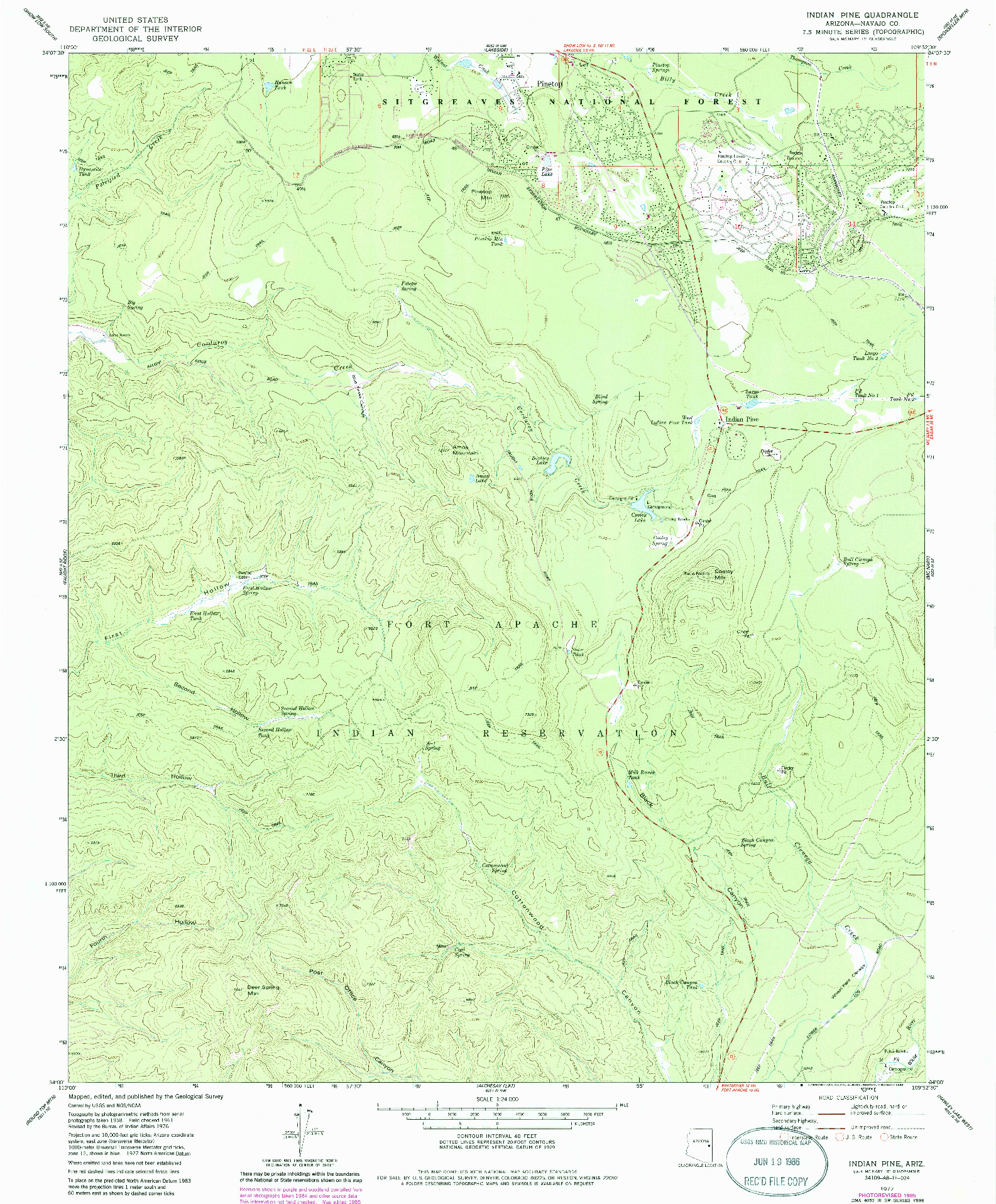 USGS 1:24000-SCALE QUADRANGLE FOR INDIAN PINE, AZ 1977