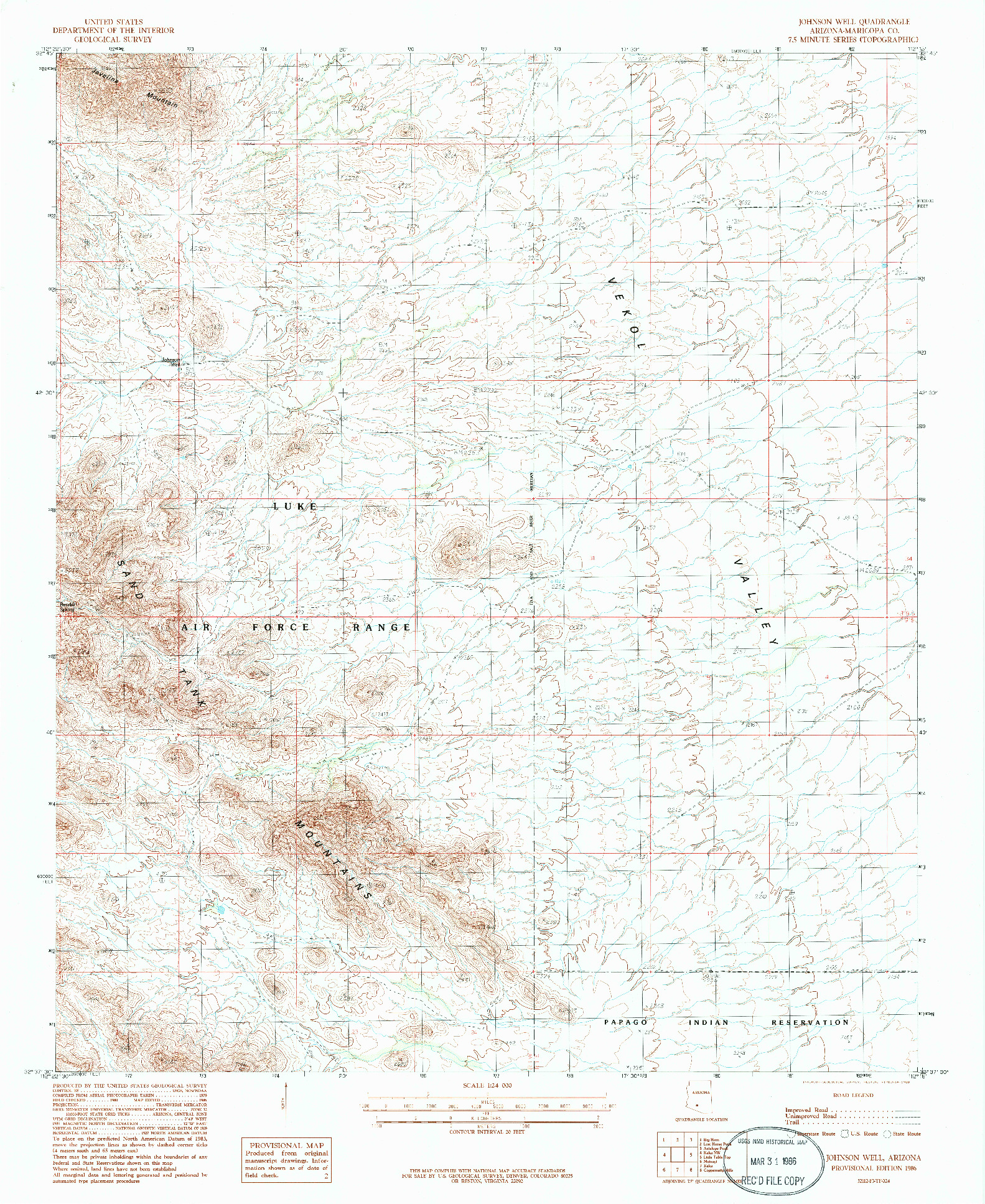 USGS 1:24000-SCALE QUADRANGLE FOR JOHNSON WELL, AZ 1986