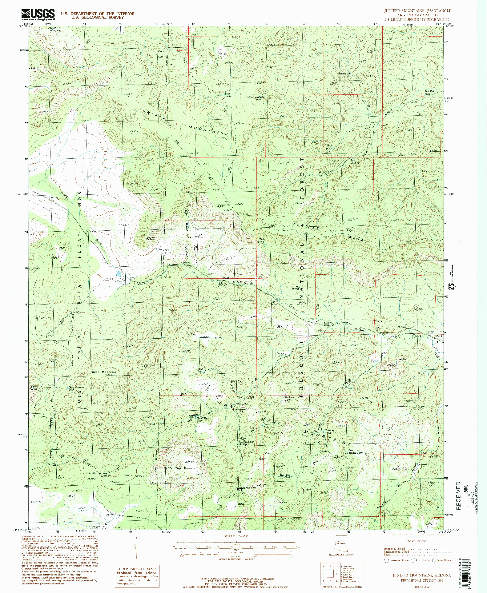 USGS 1:24000-SCALE QUADRANGLE FOR JUNIPER MOUNTAINS, AZ 1986