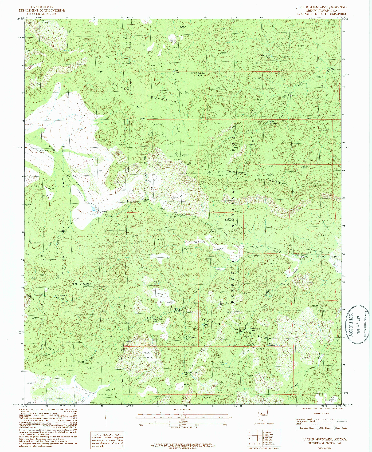 USGS 1:24000-SCALE QUADRANGLE FOR JUNIPER MOUNTAINS, AZ 1986