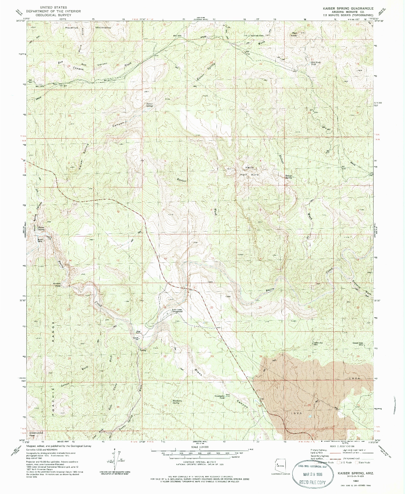 USGS 1:24000-SCALE QUADRANGLE FOR KAISER SPRING, AZ 1980