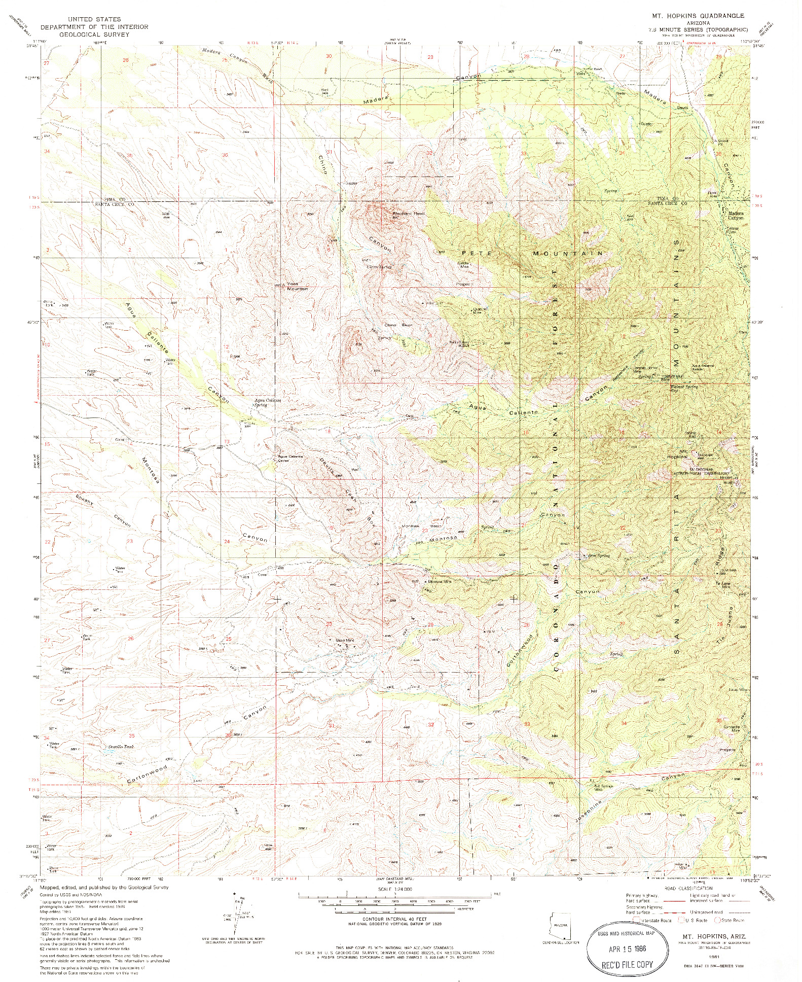 USGS 1:24000-SCALE QUADRANGLE FOR MT. HOPKINS, AZ 1981