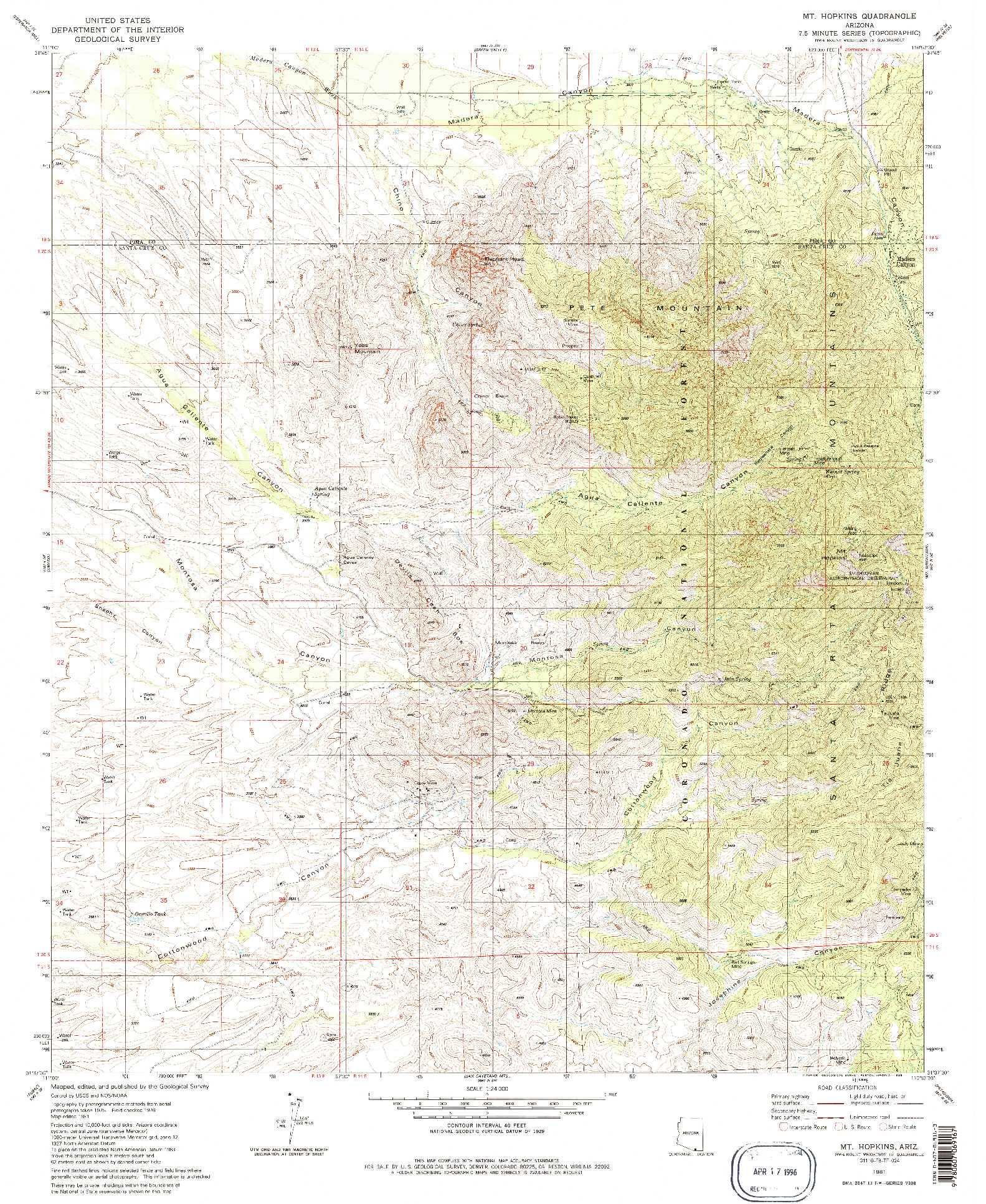 USGS 1:24000-SCALE QUADRANGLE FOR MT. HOPKINS, AZ 1981