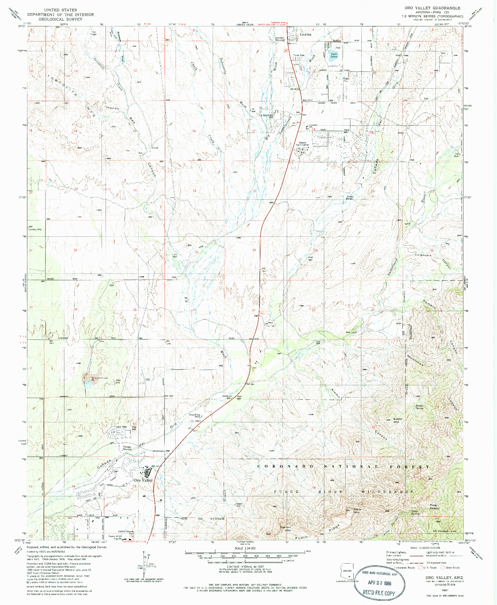 USGS 1:24000-SCALE QUADRANGLE FOR ORO VALLEY, AZ 1981