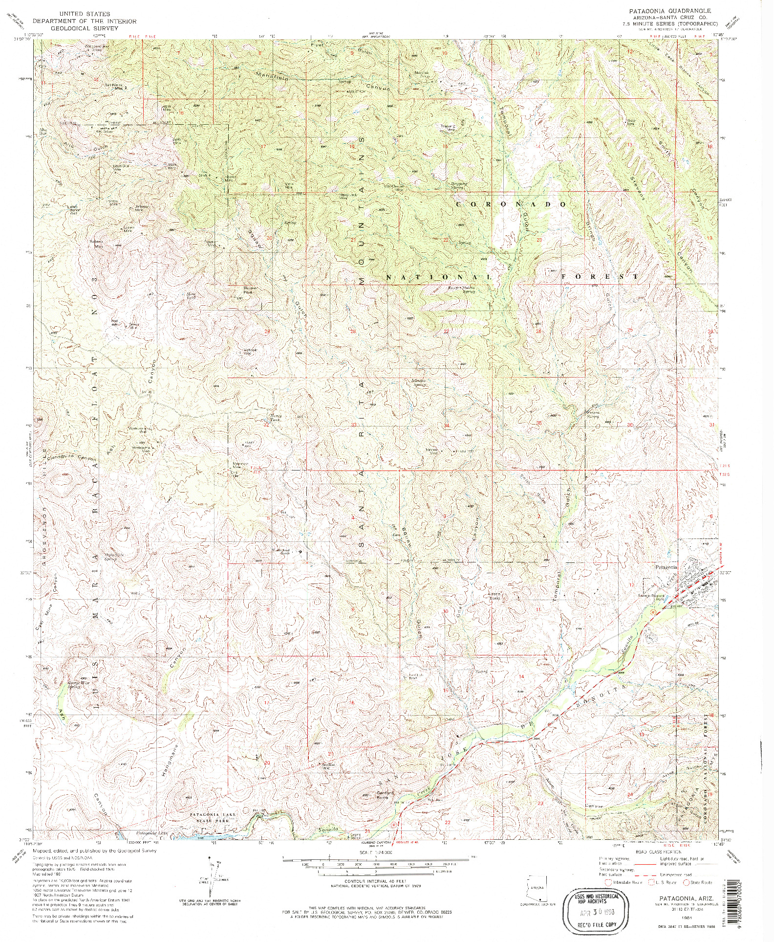 USGS 1:24000-SCALE QUADRANGLE FOR PATAGONIA, AZ 1981