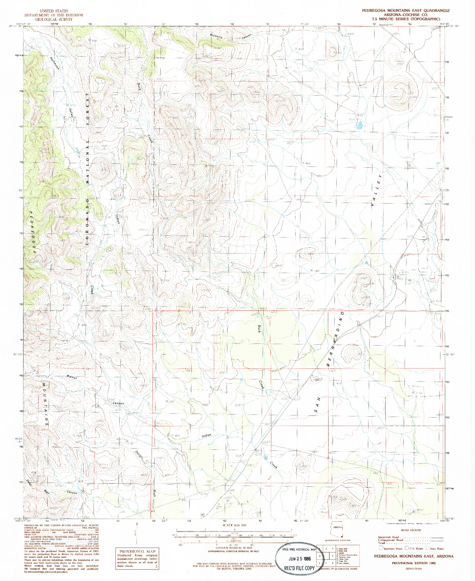 USGS 1:24000-SCALE QUADRANGLE FOR PEDREGOSA MOUNTAINS EAST, AZ 1986