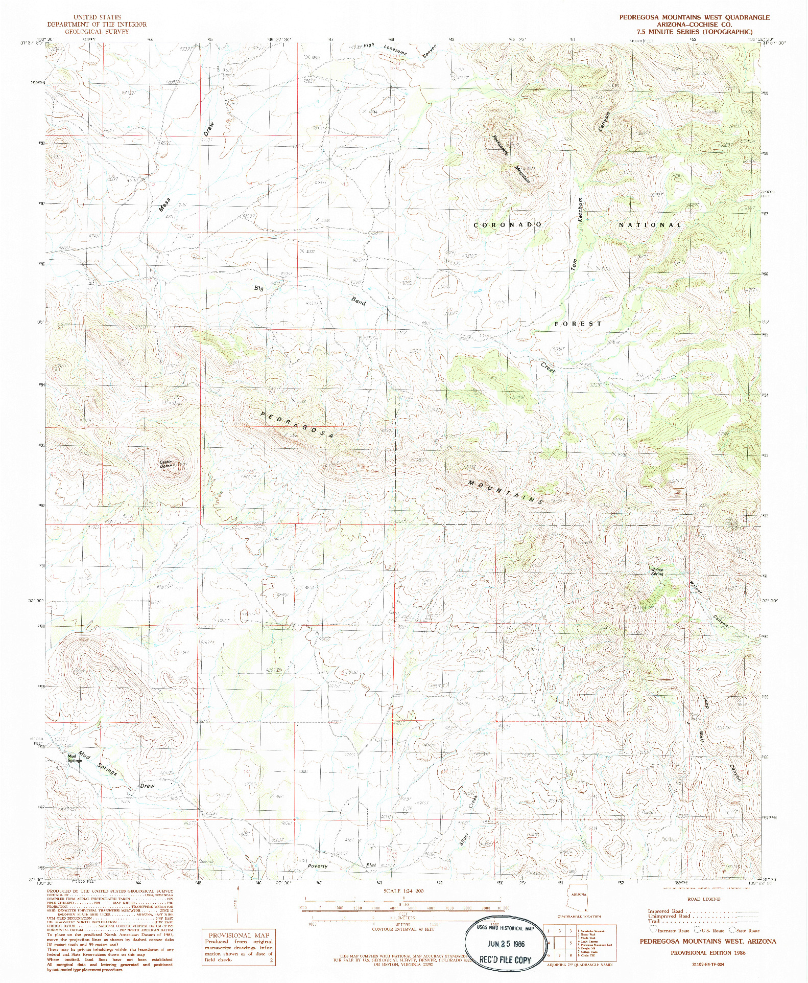 USGS 1:24000-SCALE QUADRANGLE FOR PEDREGOSA MOUNTAINS WEST, AZ 1986