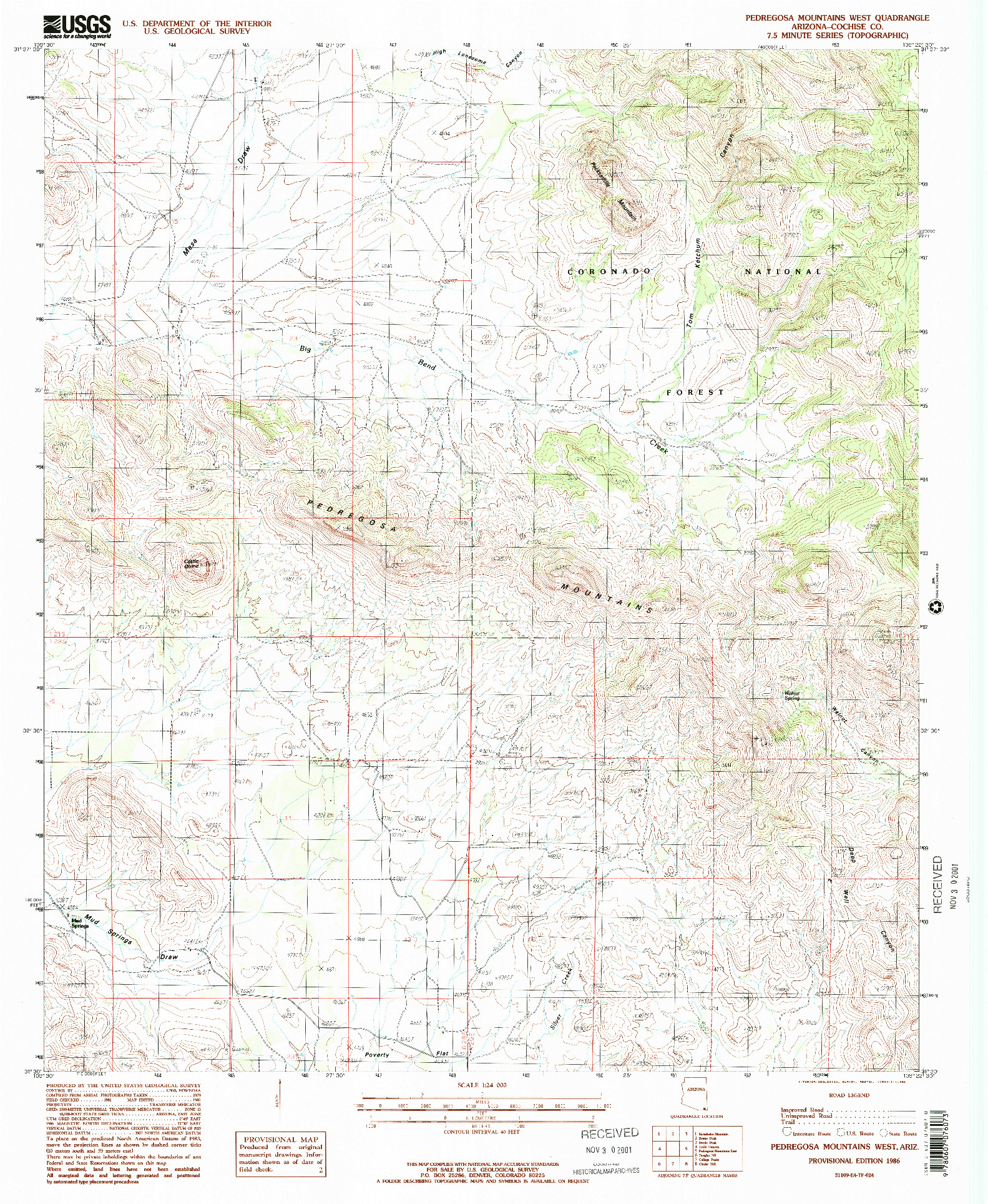 USGS 1:24000-SCALE QUADRANGLE FOR PEDREGOSA MOUNTAINS WEST, AZ 1986