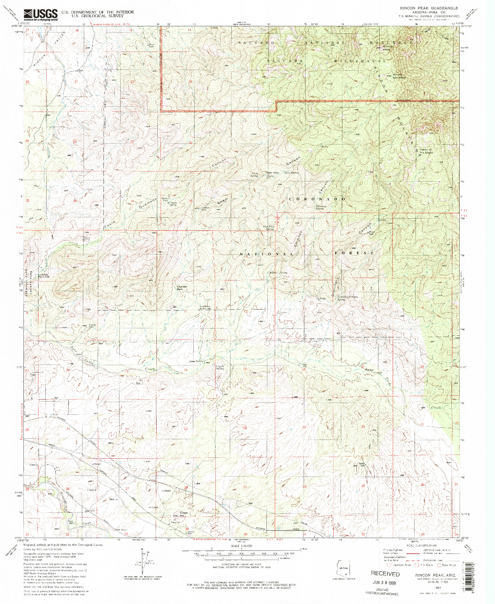 USGS 1:24000-SCALE QUADRANGLE FOR RINCON PEAK, AZ 1981