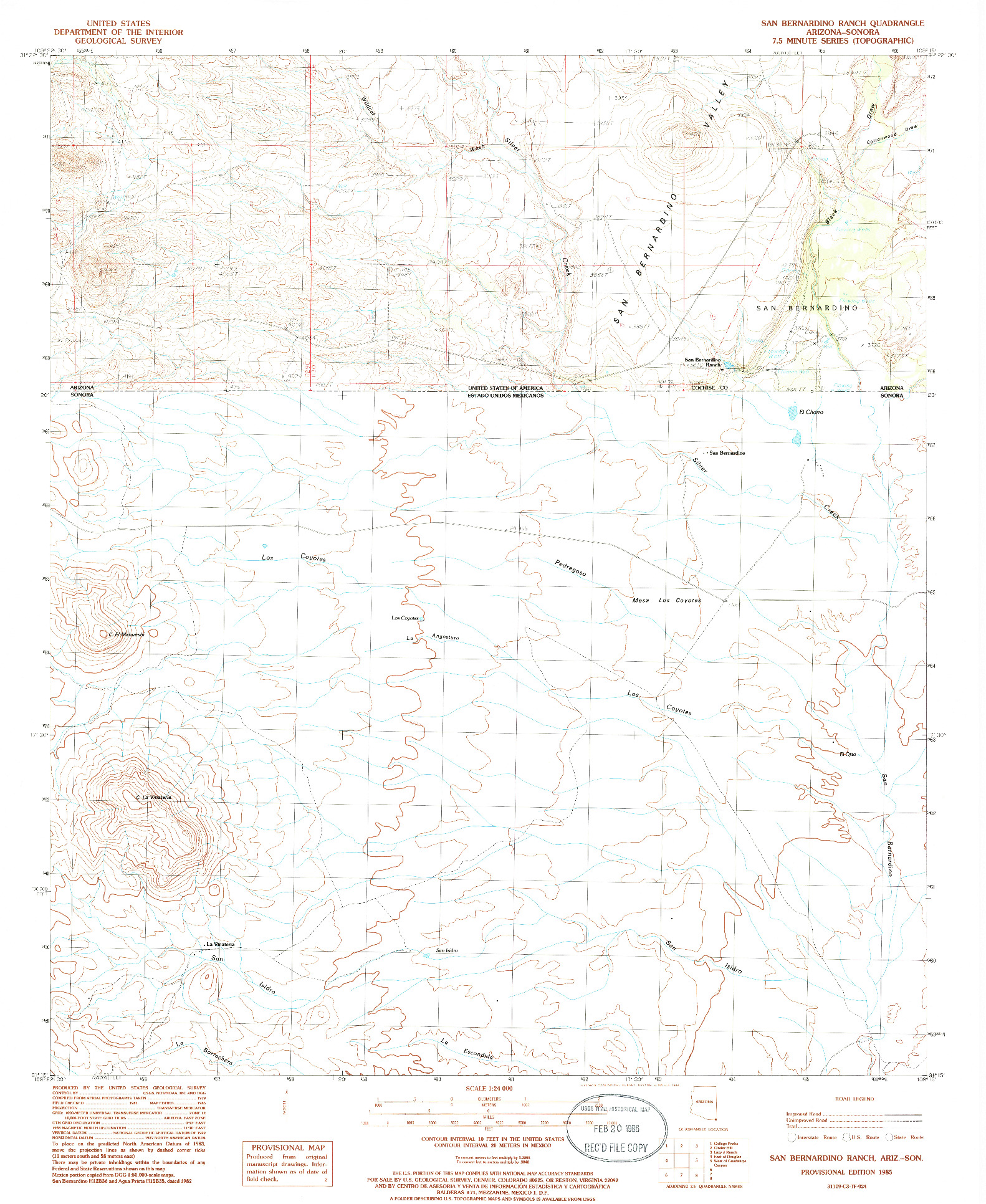 USGS 1:24000-SCALE QUADRANGLE FOR SAN BERNARDINO RANCH, AZ 1985