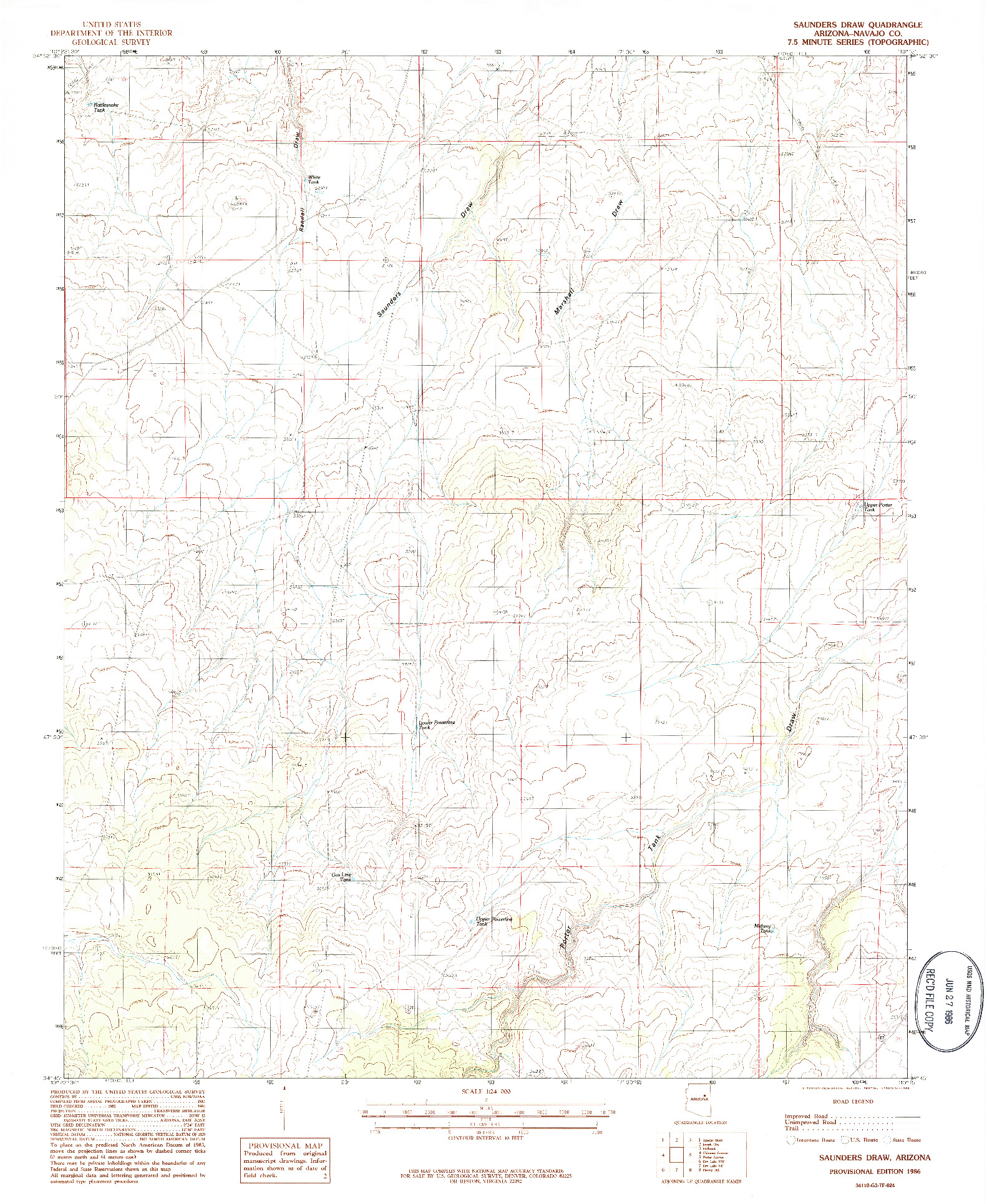 USGS 1:24000-SCALE QUADRANGLE FOR SAUNDERS DRAW, AZ 1986
