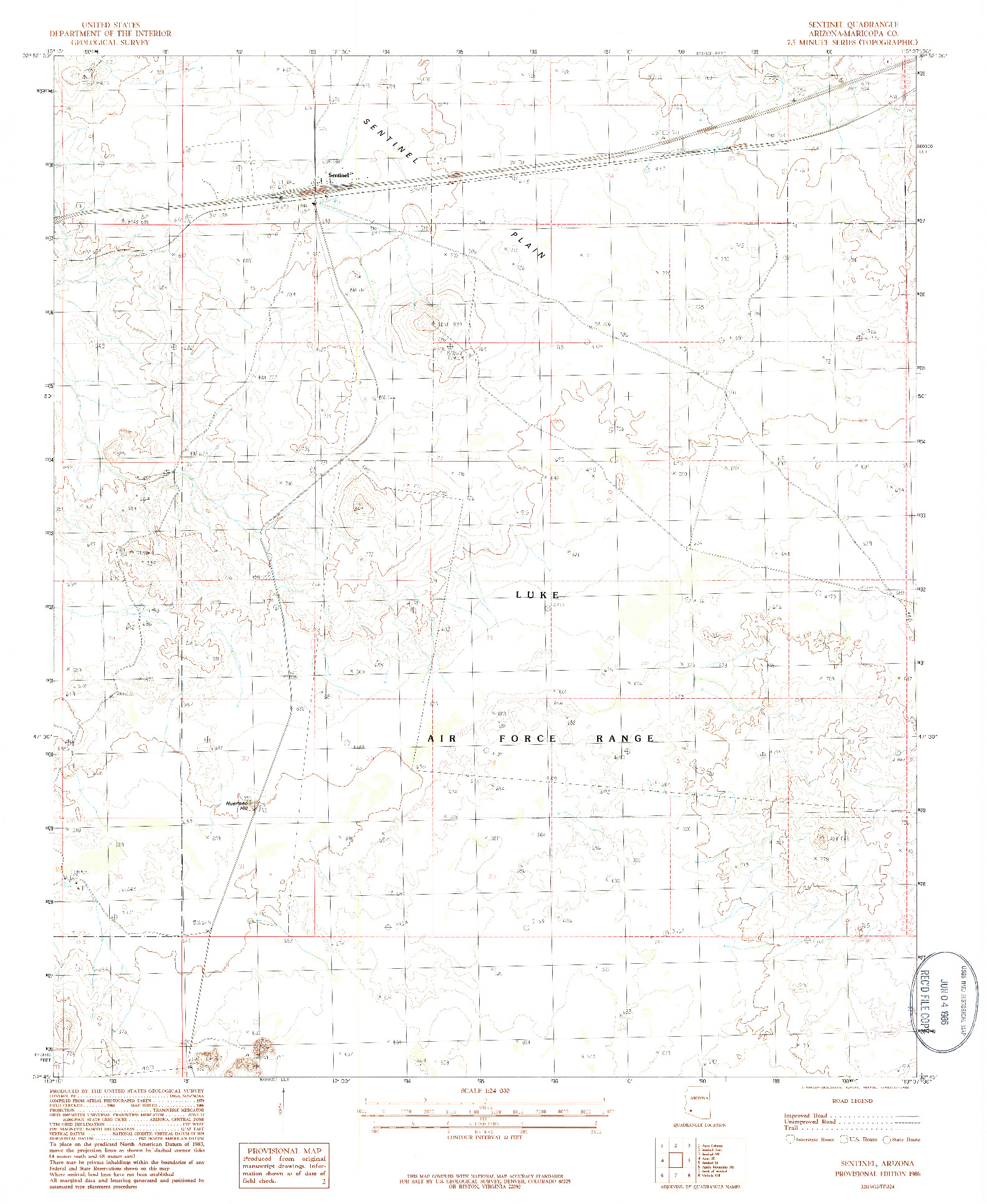 USGS 1:24000-SCALE QUADRANGLE FOR SENTINEL, AZ 1986