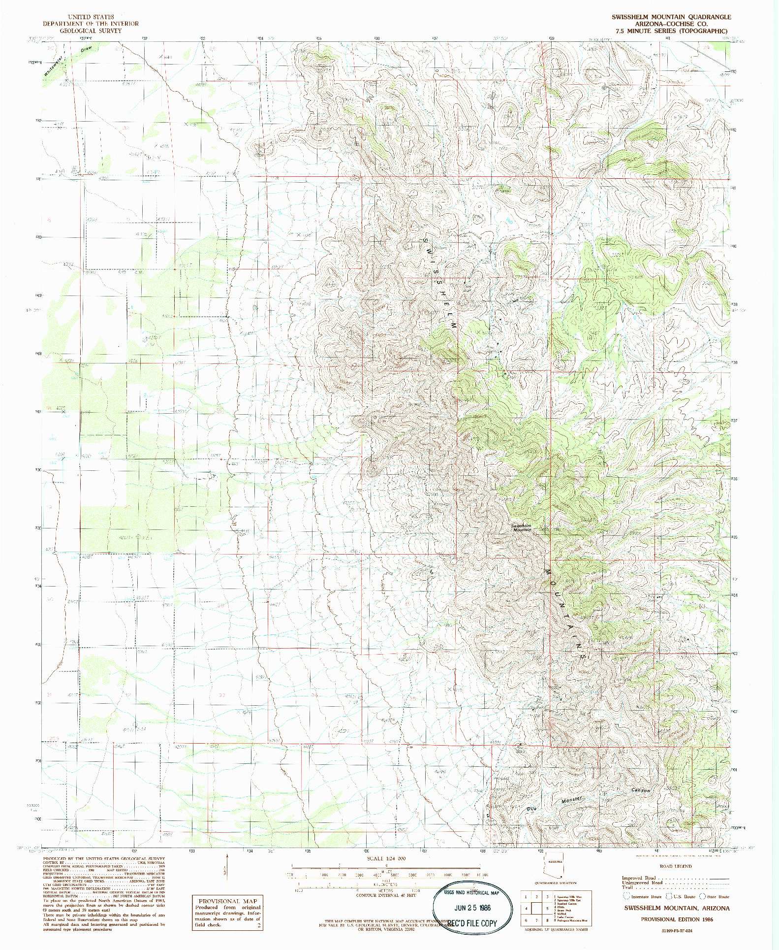 USGS 1:24000-SCALE QUADRANGLE FOR SWISSHELM MOUNTAIN, AZ 1986