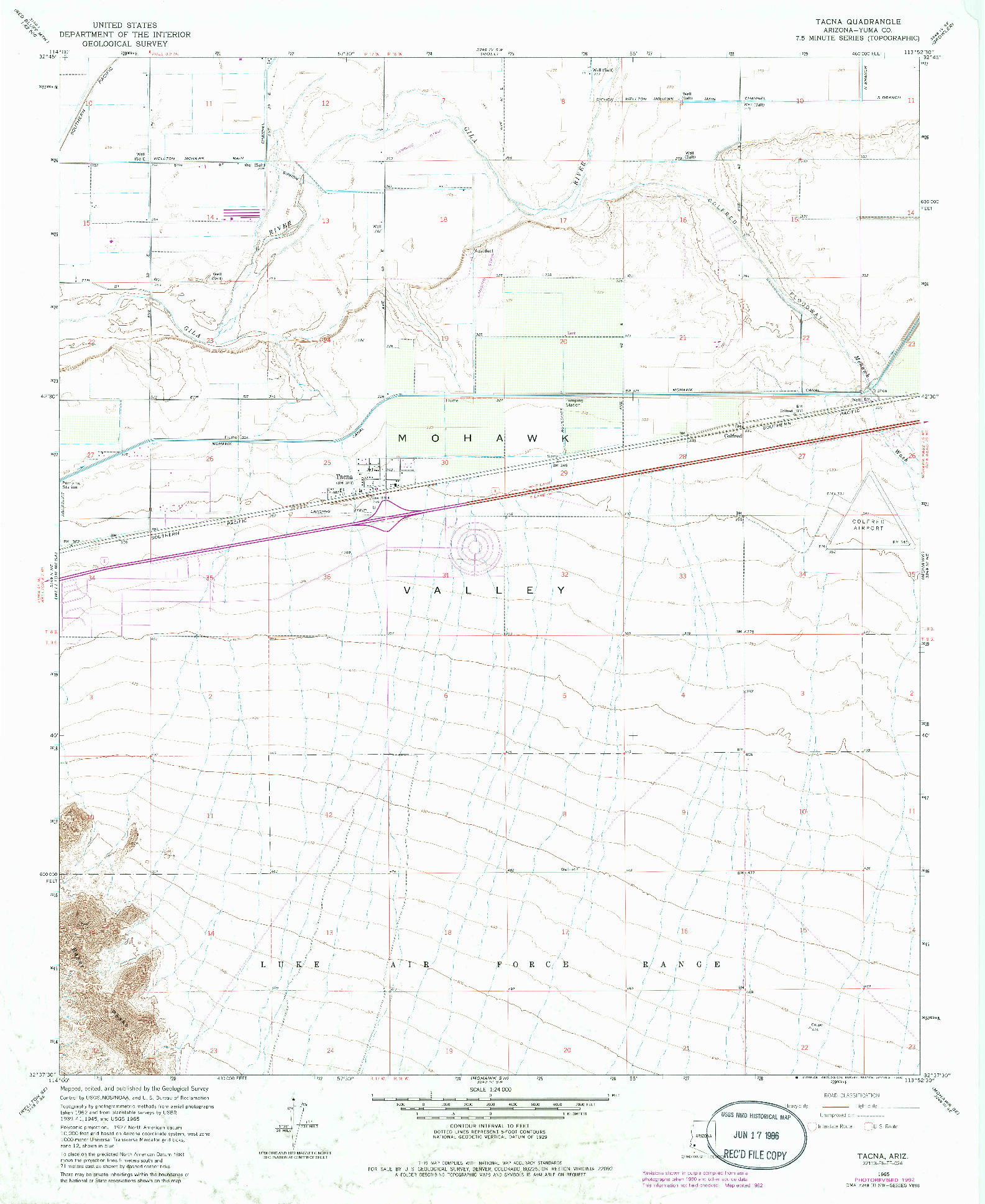 USGS 1:24000-SCALE QUADRANGLE FOR TACNA, AZ 1965