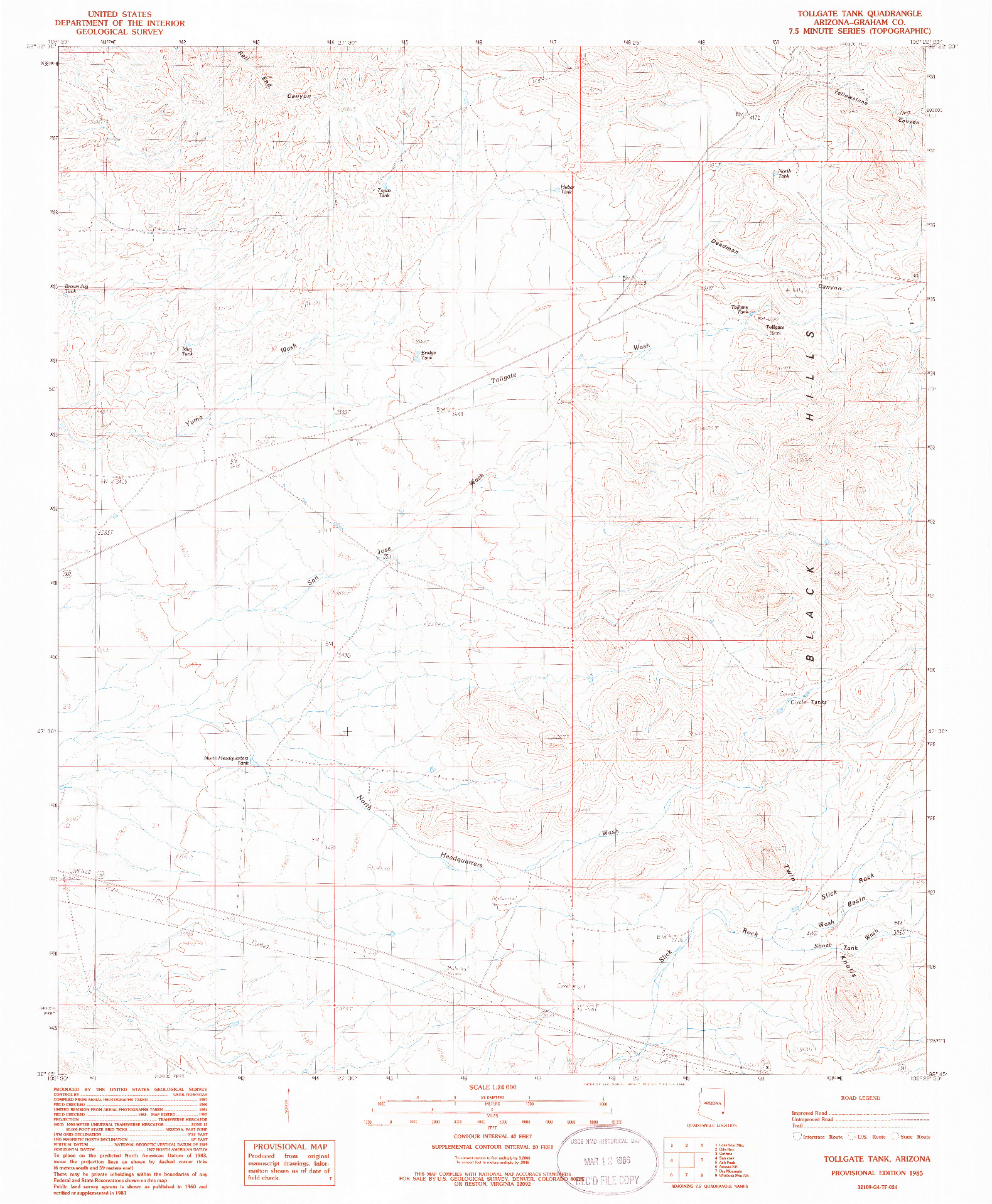 USGS 1:24000-SCALE QUADRANGLE FOR TOLLGATE TANK, AZ 1985