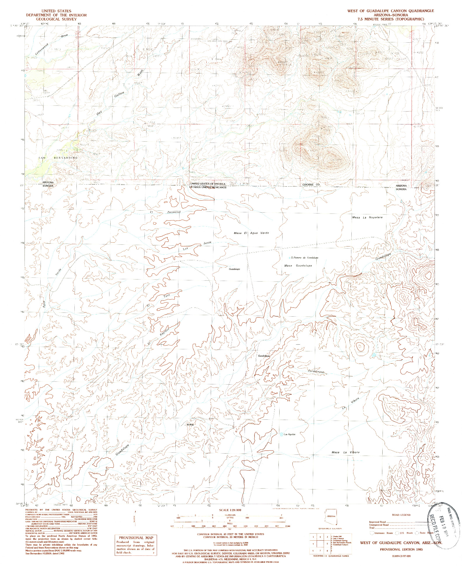 USGS 1:24000-SCALE QUADRANGLE FOR WEST OF GUADALUPE CANYON, AZ 1985