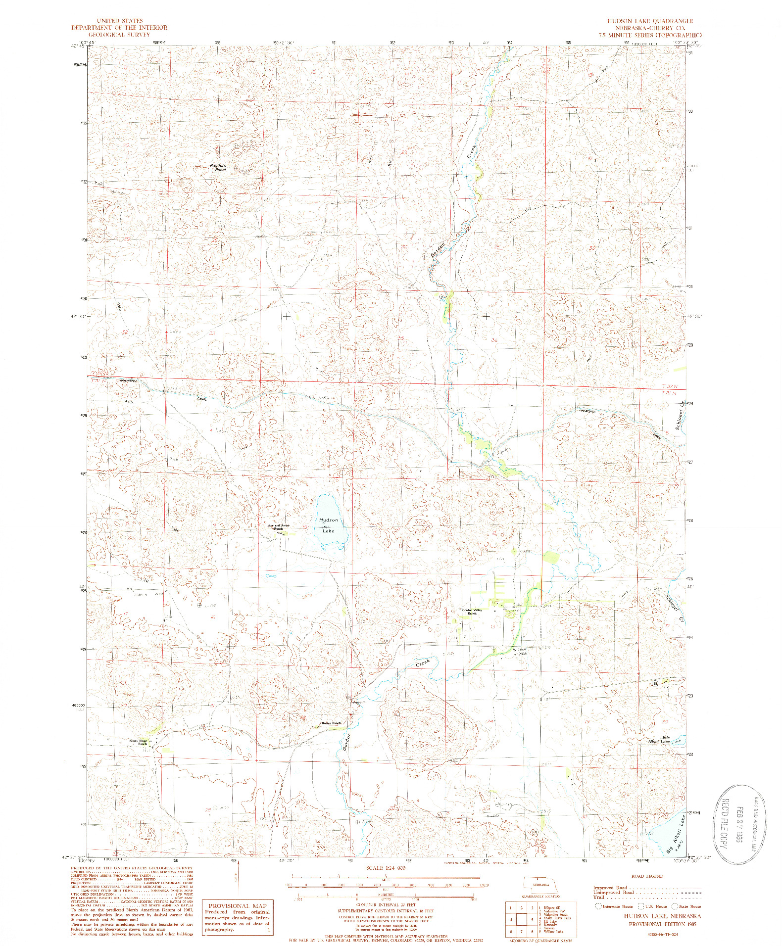 USGS 1:24000-SCALE QUADRANGLE FOR HUDSON LAKE, NE 1985