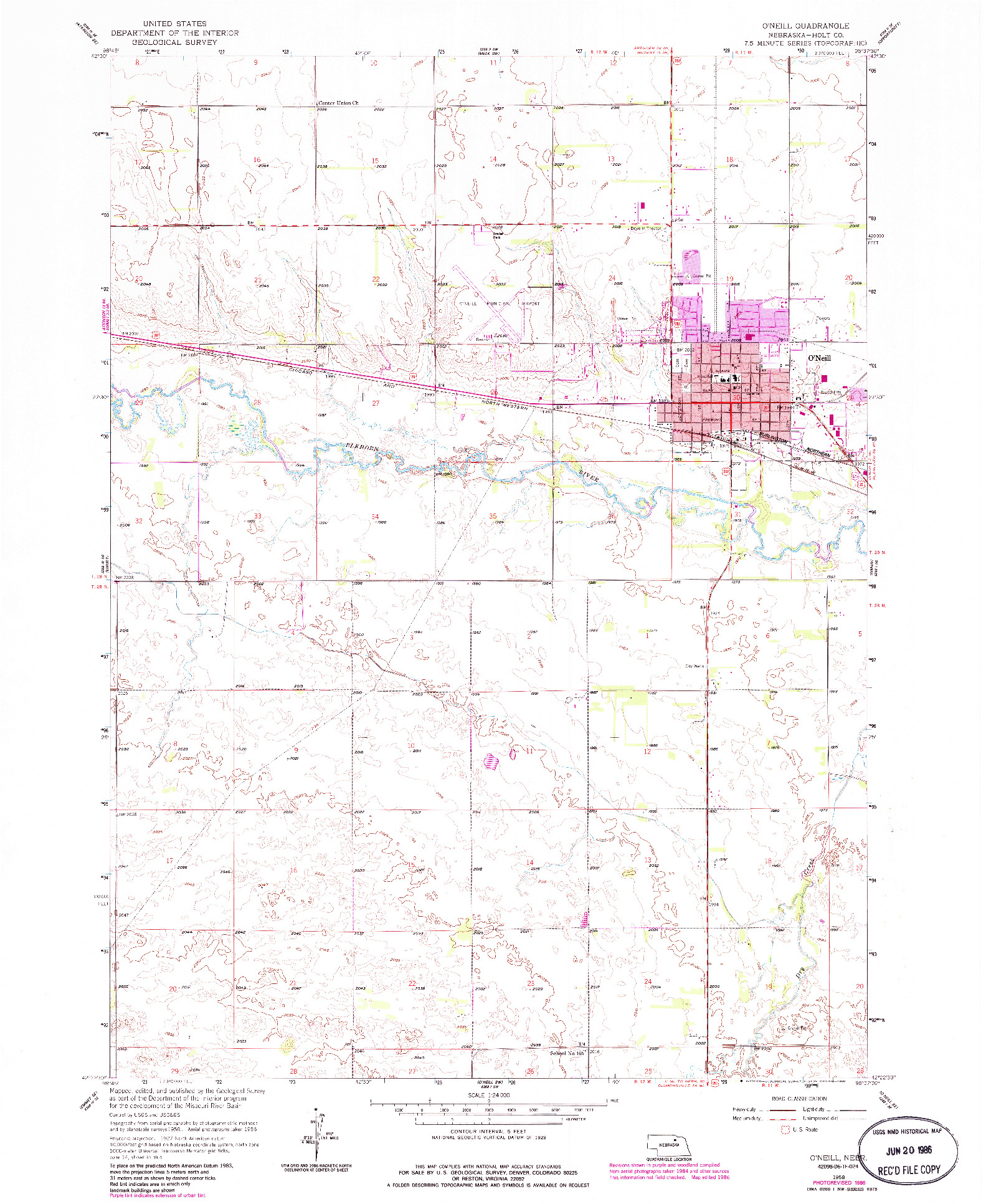 USGS 1:24000-SCALE QUADRANGLE FOR O'NEILL, NE 1958