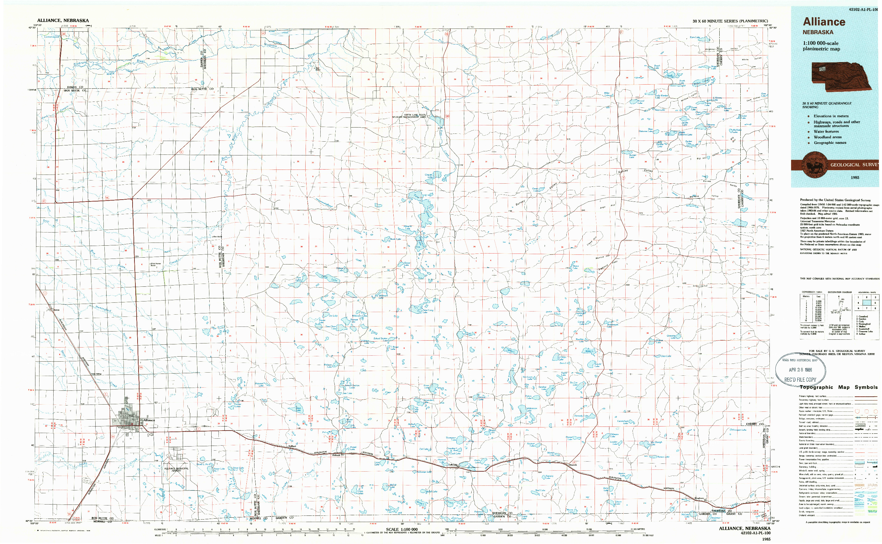 USGS 1:100000-SCALE QUADRANGLE FOR ALLIANCE, NE 1985