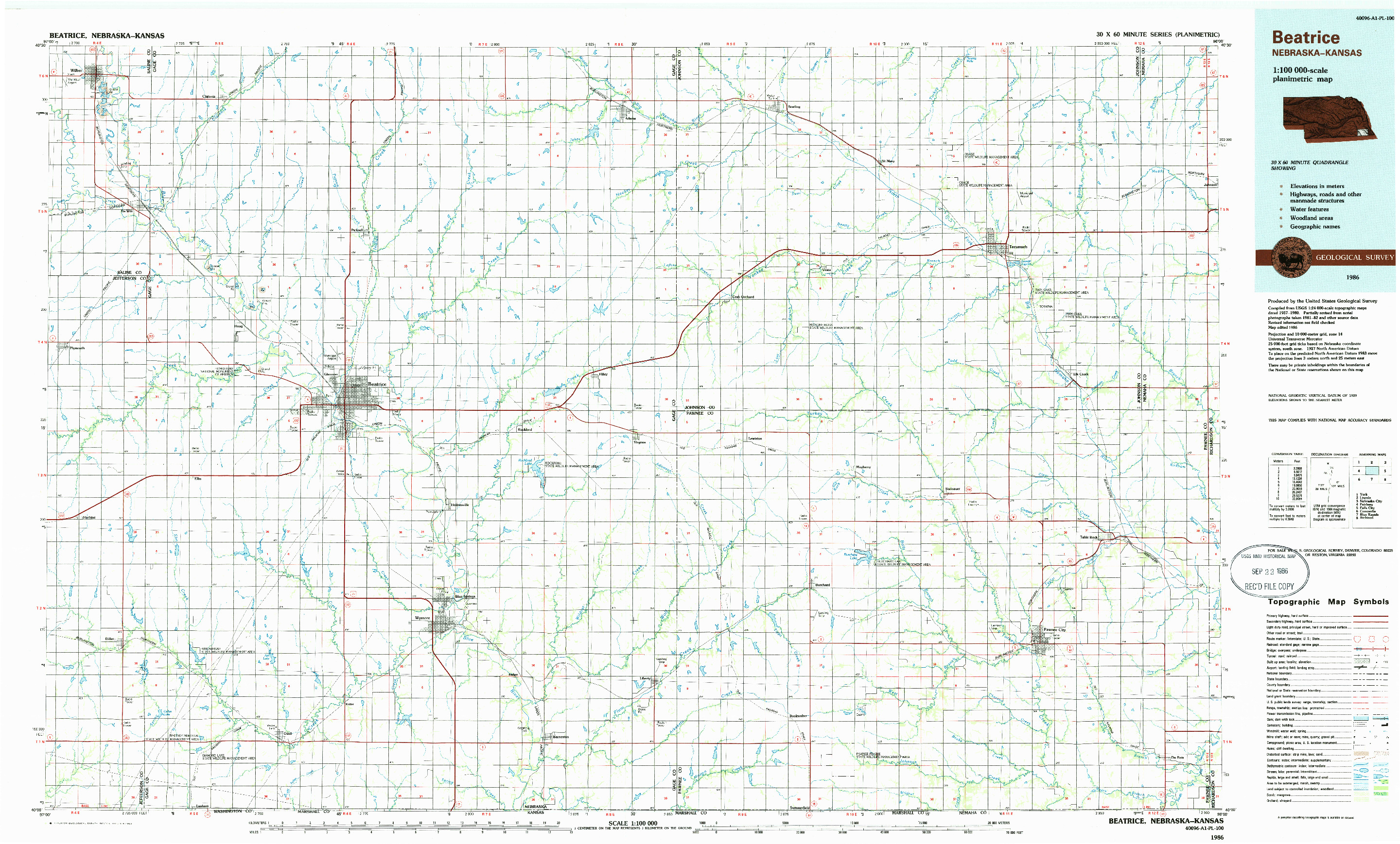 USGS 1:100000-SCALE QUADRANGLE FOR BEATRICE, NE 1986
