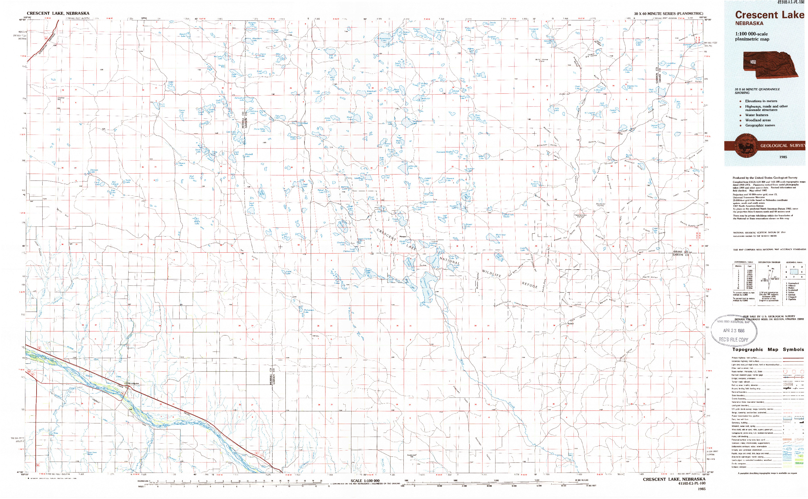 USGS 1:100000-SCALE QUADRANGLE FOR CRESCENT LAKE, NE 1985