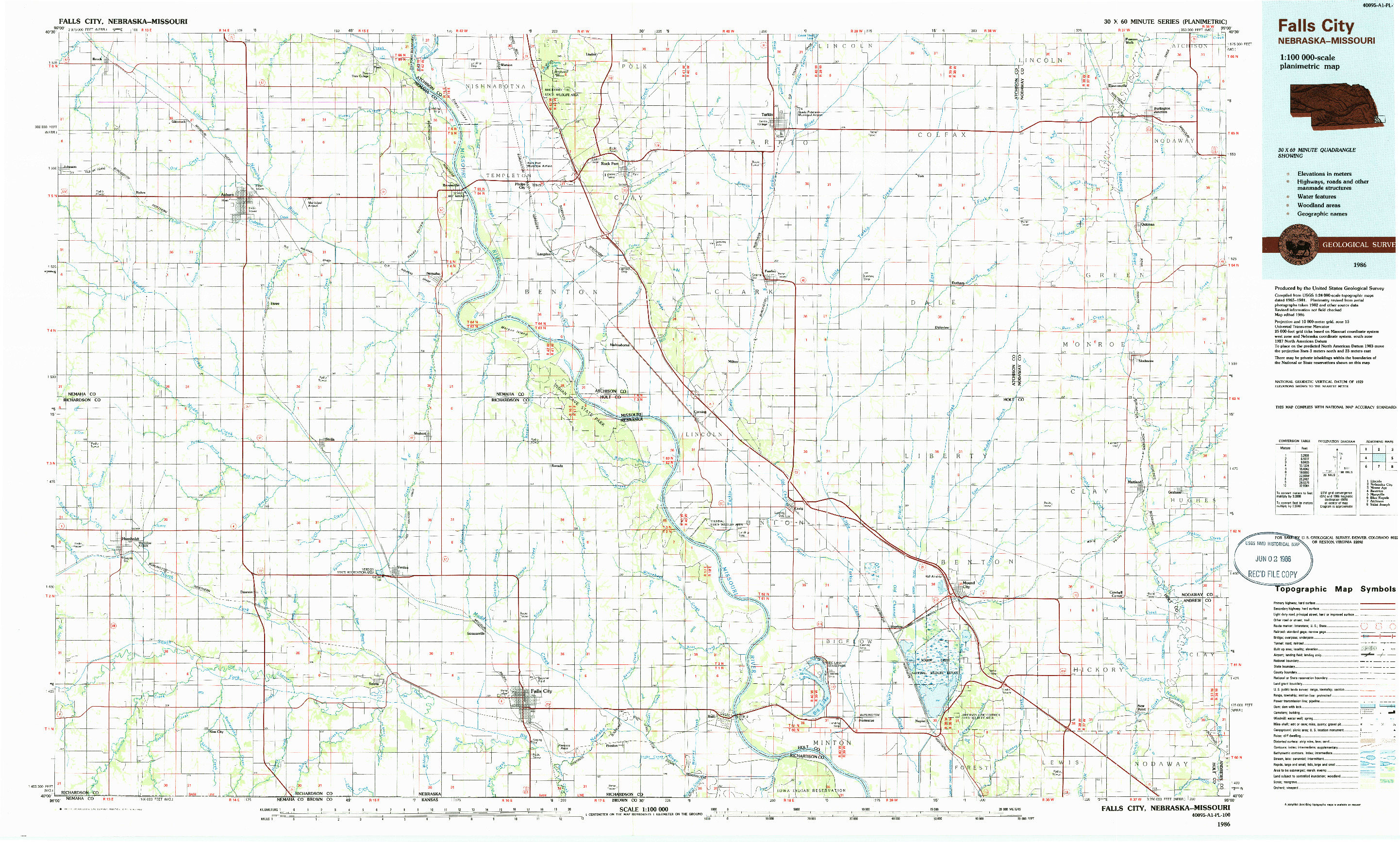 USGS 1:100000-SCALE QUADRANGLE FOR FALLS CITY, NE 1986