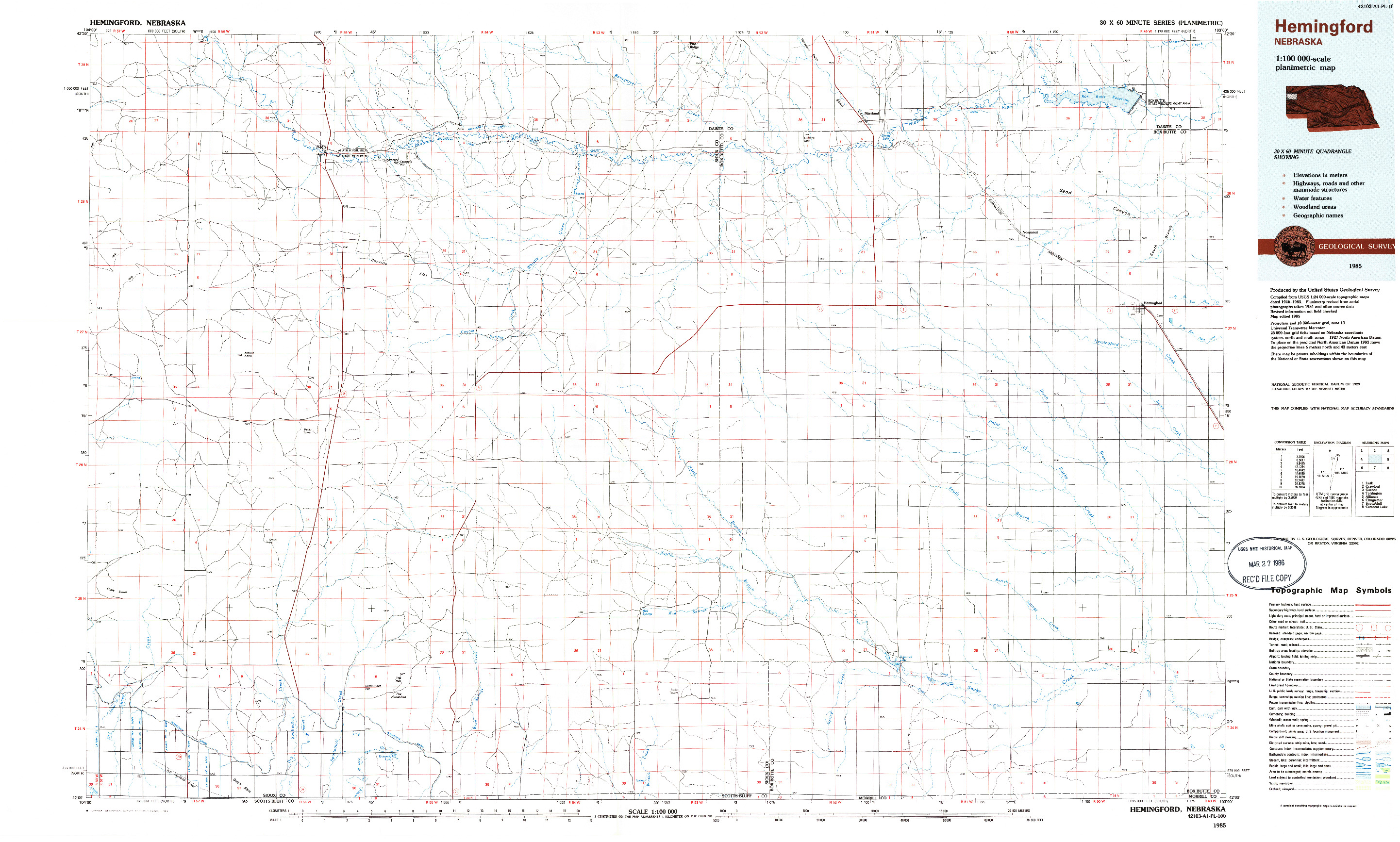 USGS 1:100000-SCALE QUADRANGLE FOR HEMINGFORD, NE 1985