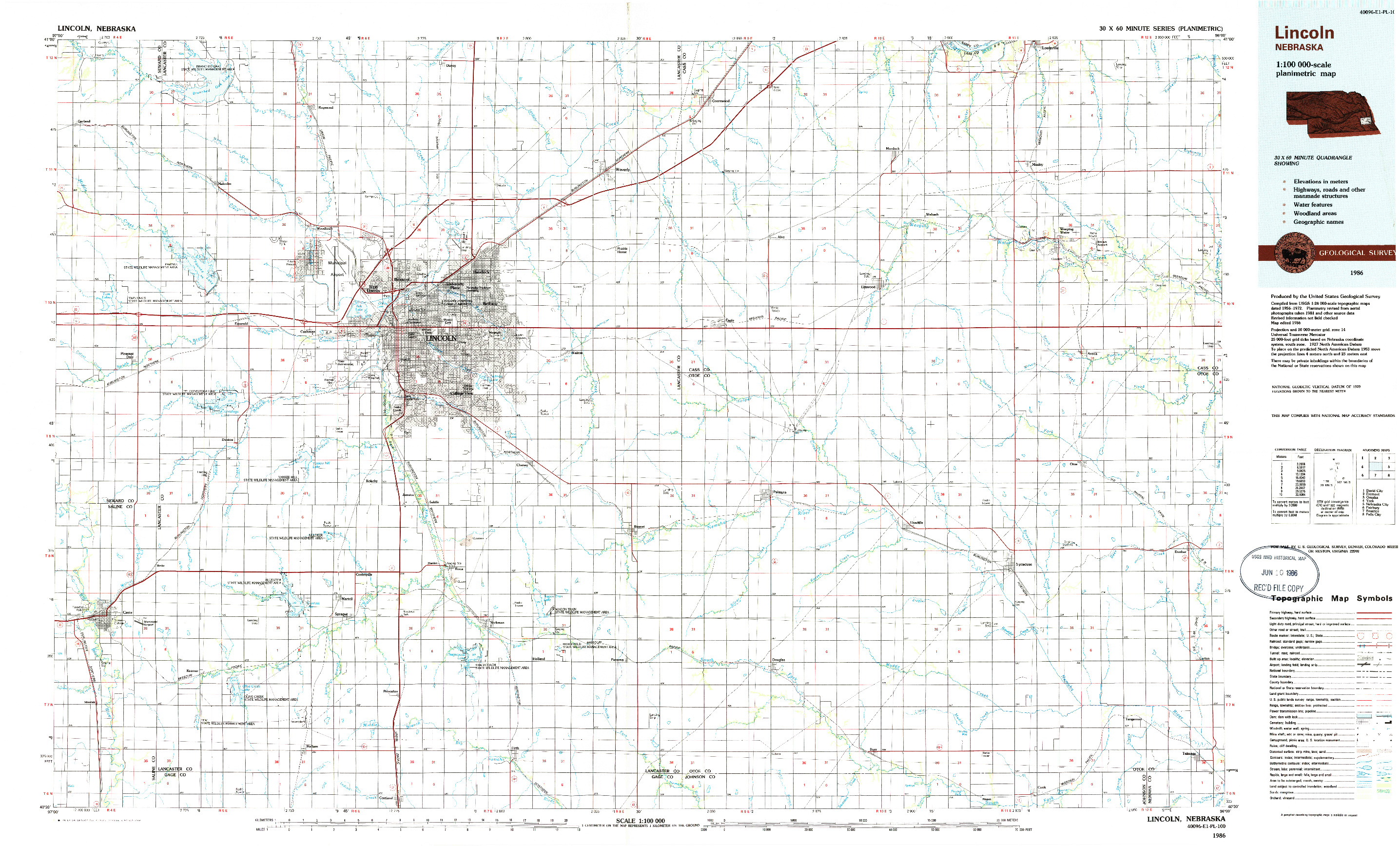 USGS 1:100000-SCALE QUADRANGLE FOR LINCOLN, NE 1986