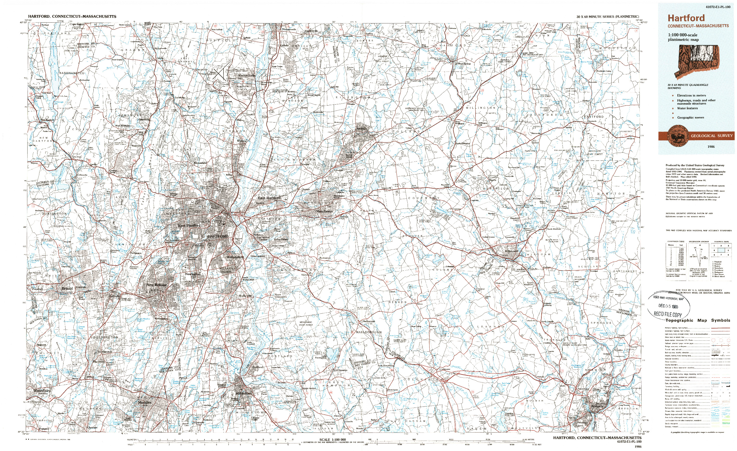 USGS 1:100000-SCALE QUADRANGLE FOR HARTFORD, CT 1986