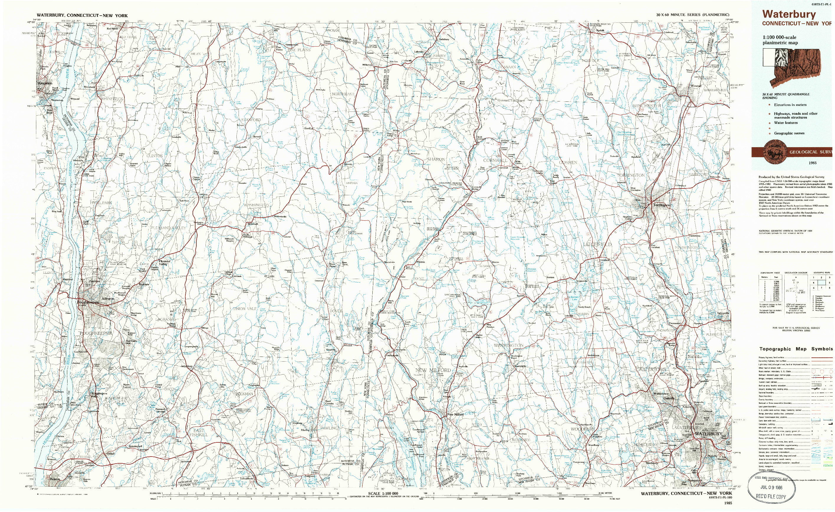 USGS 1:100000-SCALE QUADRANGLE FOR WATERBURY, CT 1985