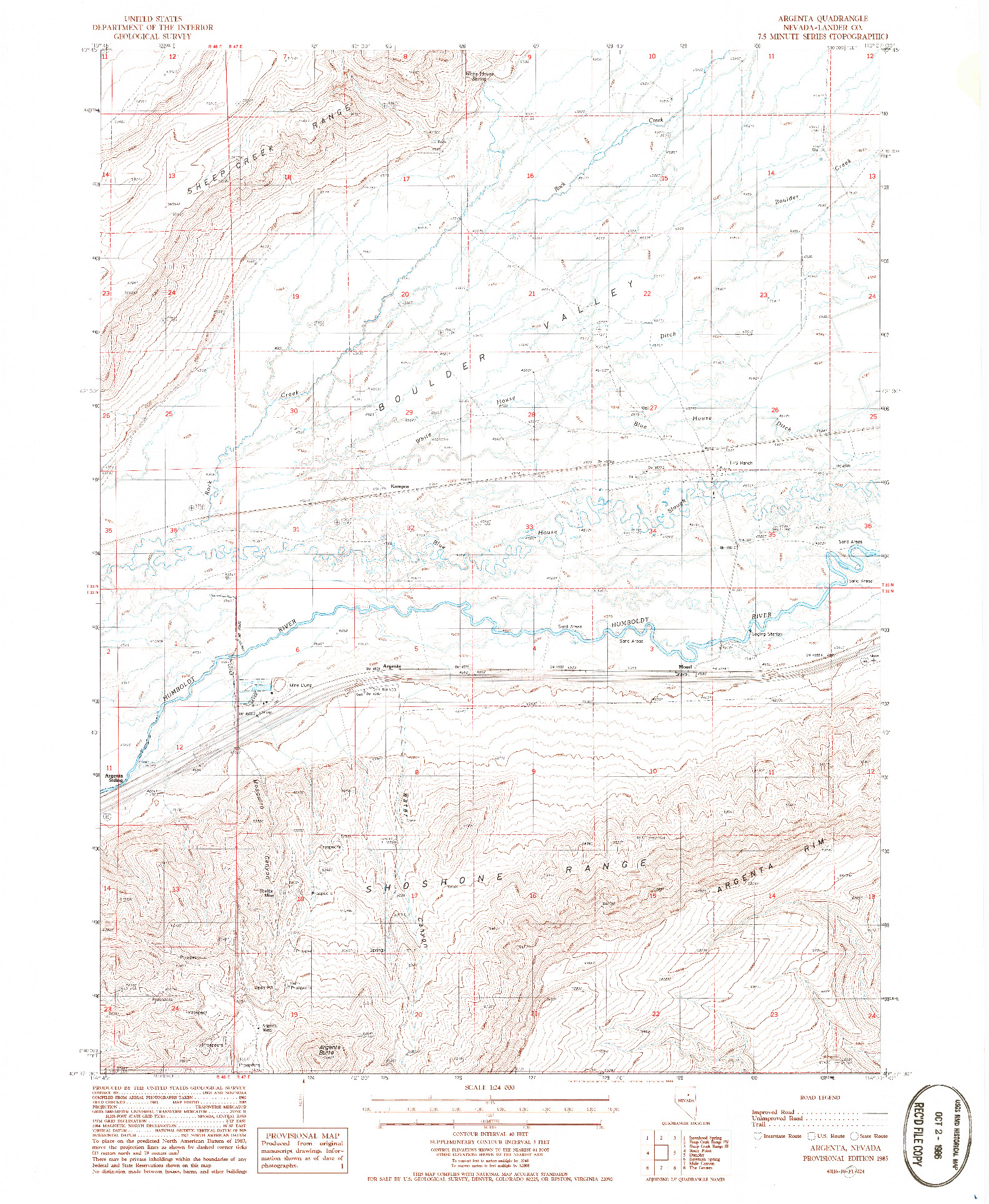 USGS 1:24000-SCALE QUADRANGLE FOR ARGENTA, NV 1985