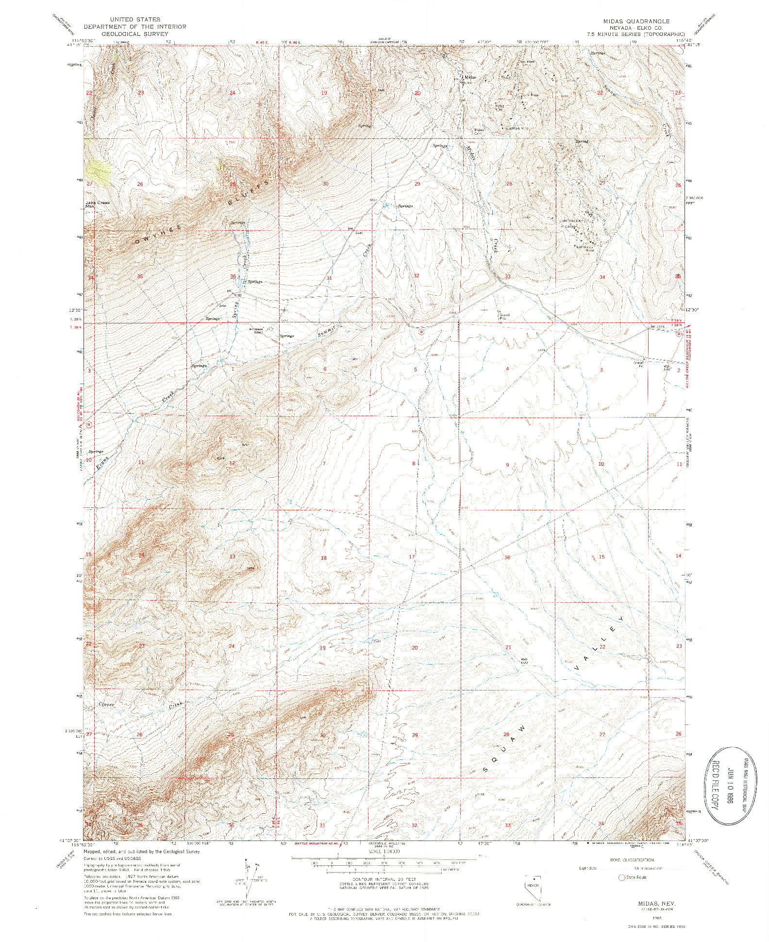 USGS 1:24000-SCALE QUADRANGLE FOR MIDAS, NV 1965