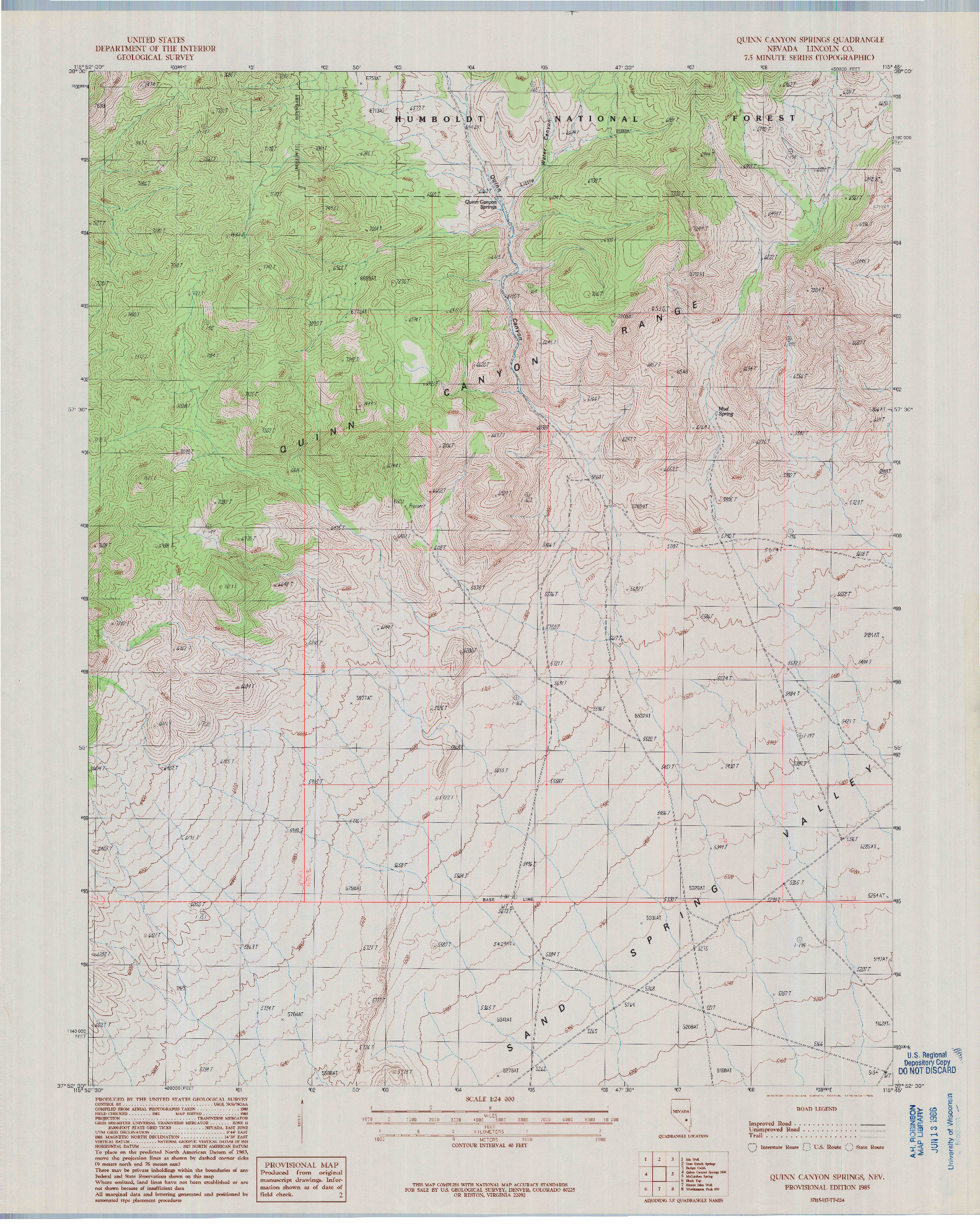 USGS 1:24000-SCALE QUADRANGLE FOR QUINN CANYON SPRINGS, NV 1985