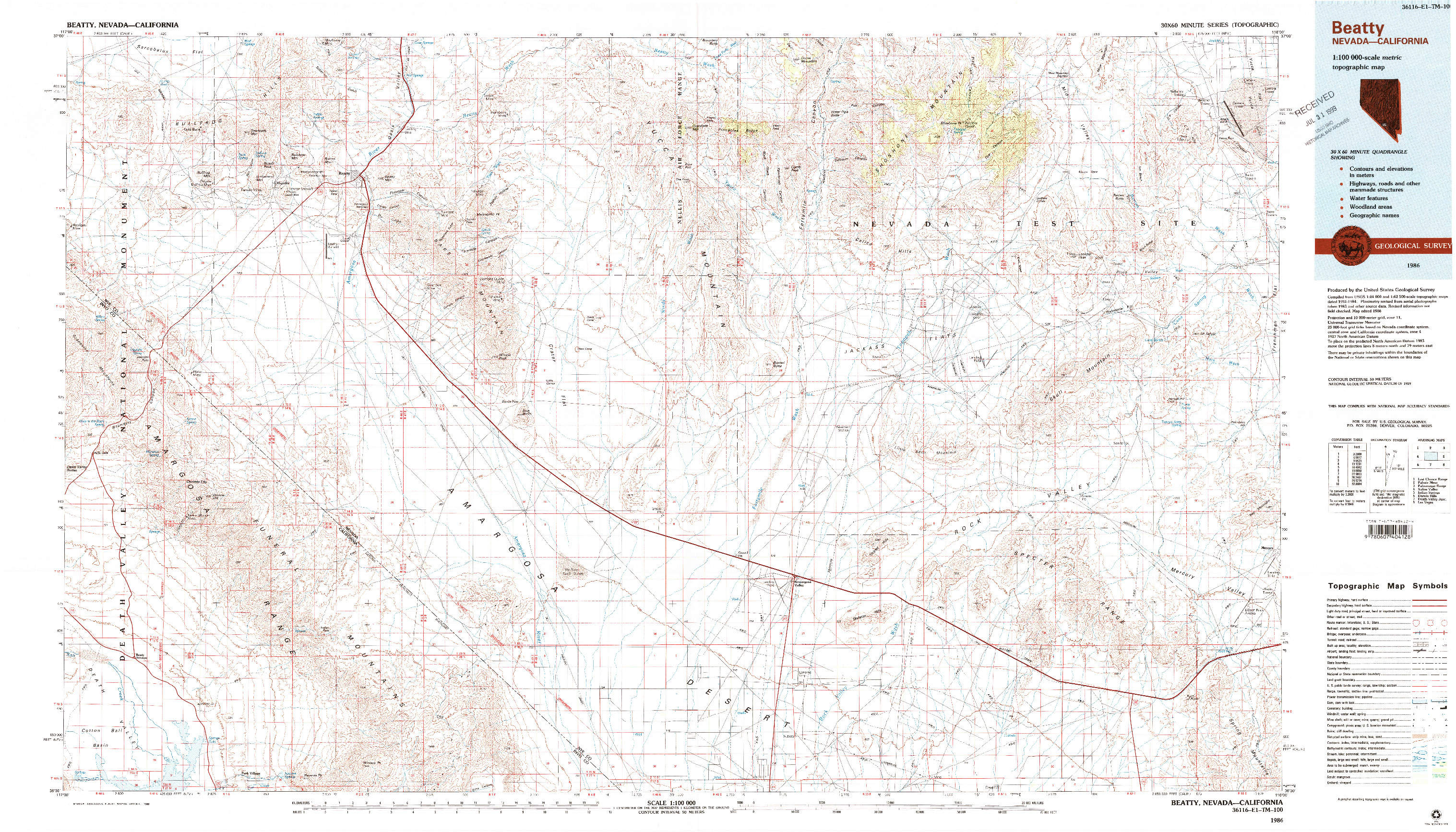 USGS 1:100000-SCALE QUADRANGLE FOR BEATTY, NV 1986