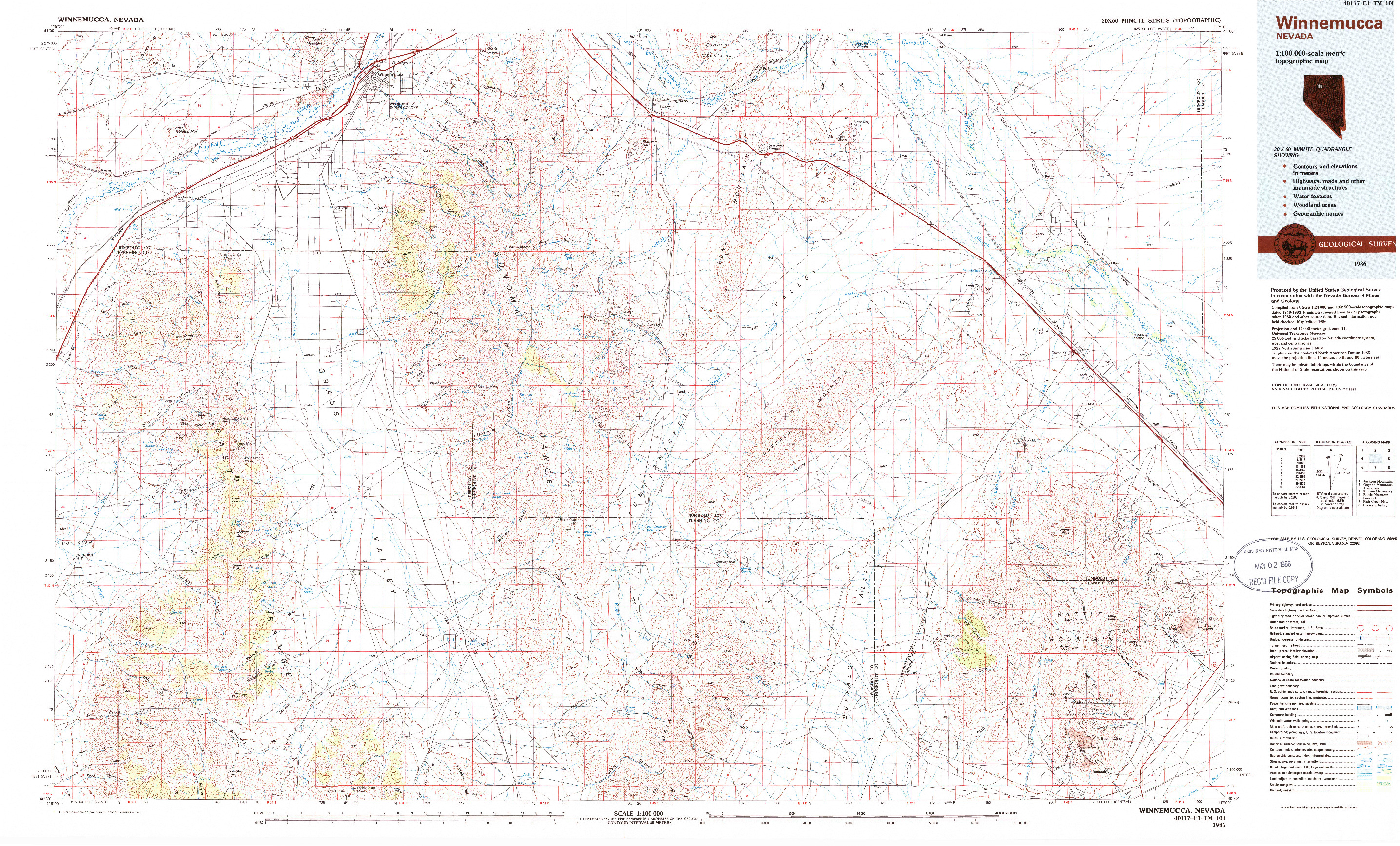 USGS 1:100000-SCALE QUADRANGLE FOR WINNEMUCCA, NV 1986