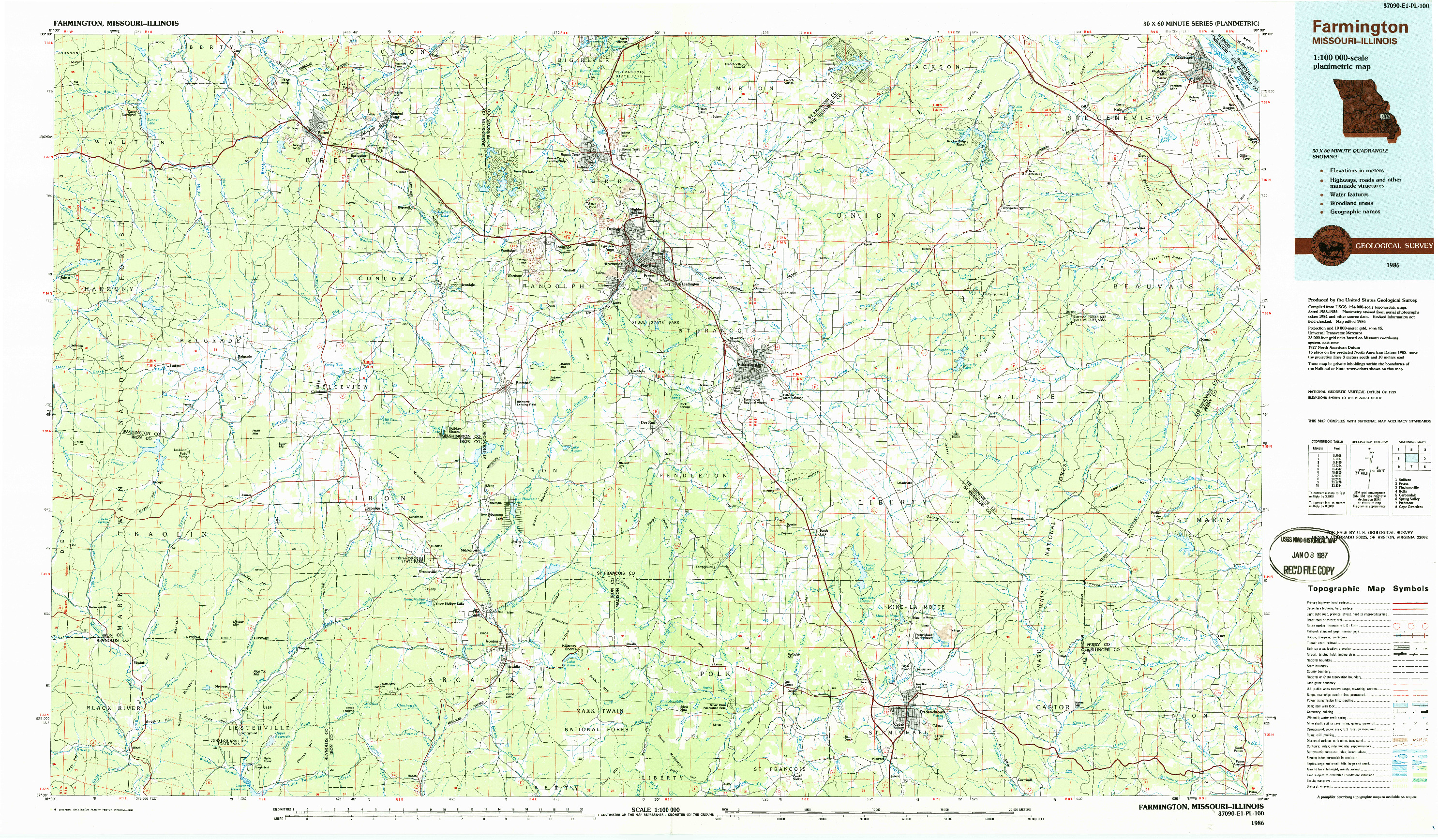USGS 1:100000-SCALE QUADRANGLE FOR FARMINGTON, MO 1986