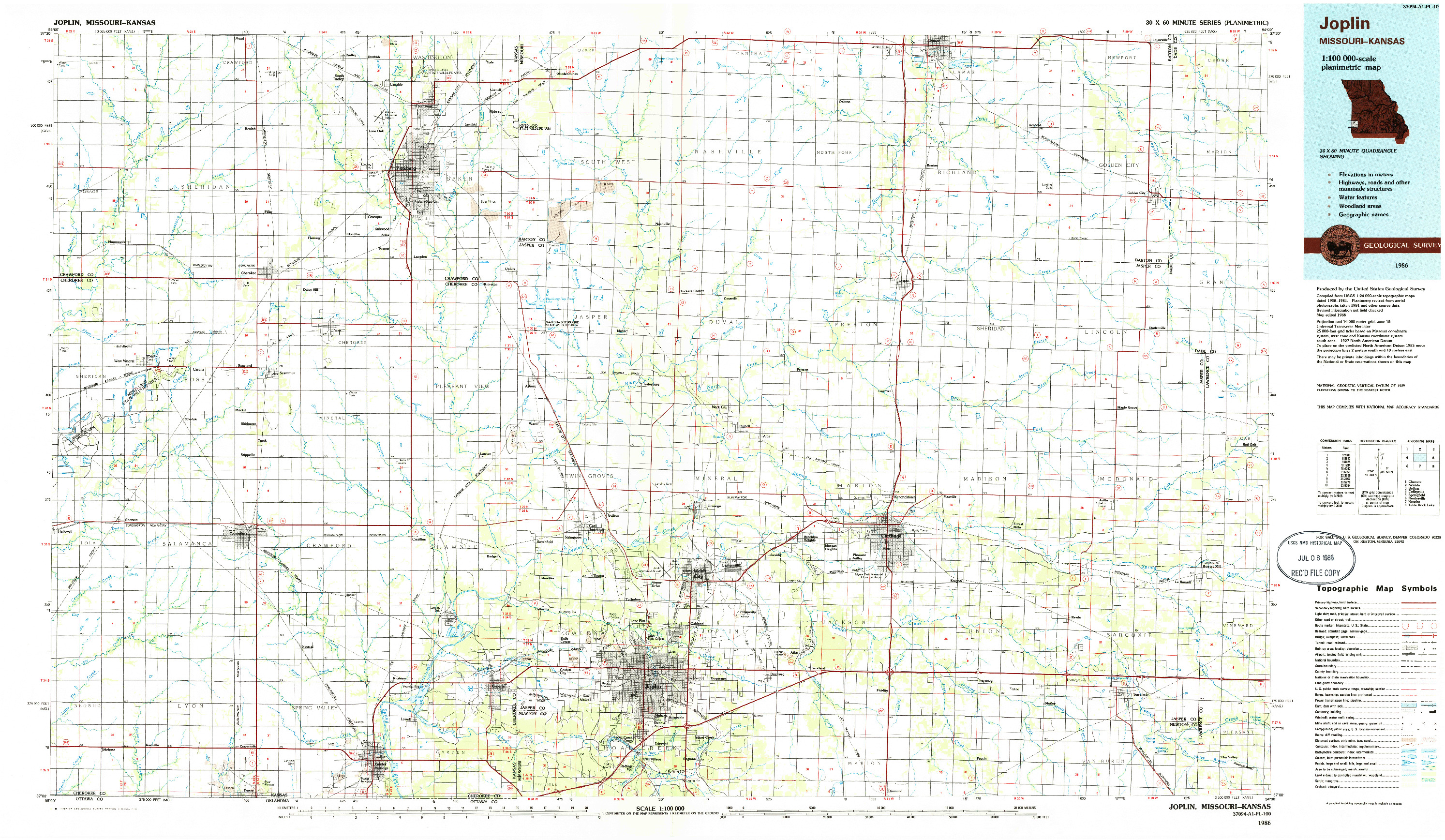 USGS 1:100000-SCALE QUADRANGLE FOR JOPLIN, MO 1986
