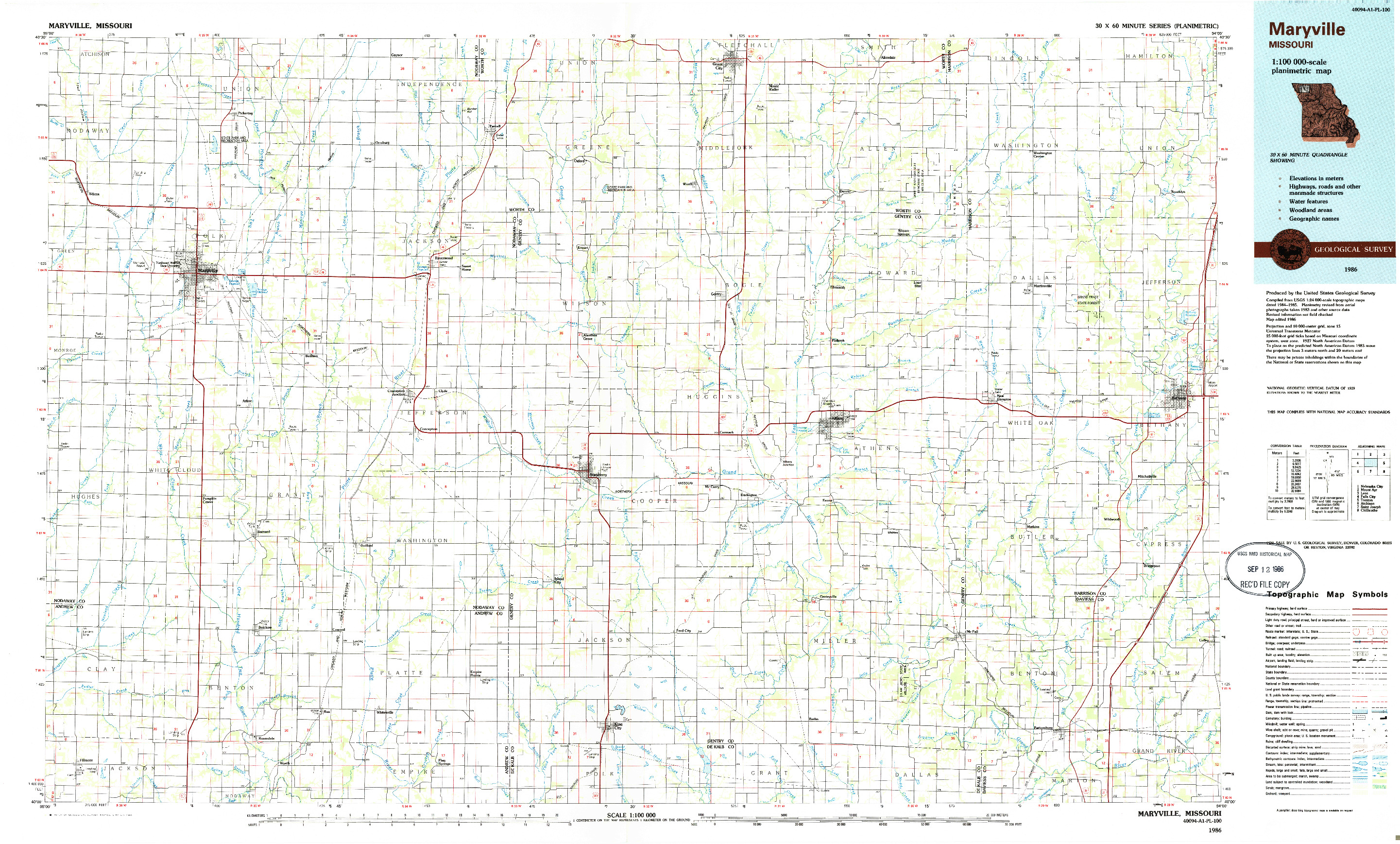 USGS 1:100000-SCALE QUADRANGLE FOR MARYVILLE, MO 1986