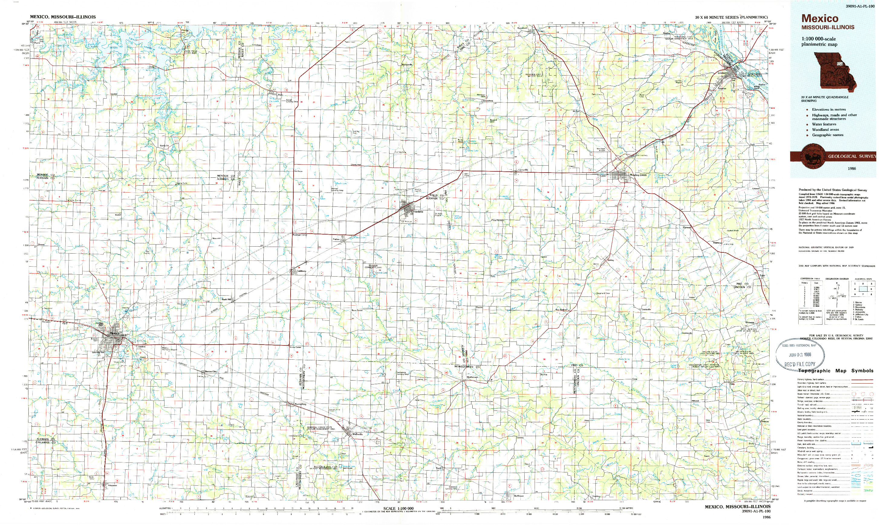 USGS 1:100000-SCALE QUADRANGLE FOR MEXICO, MO 1986