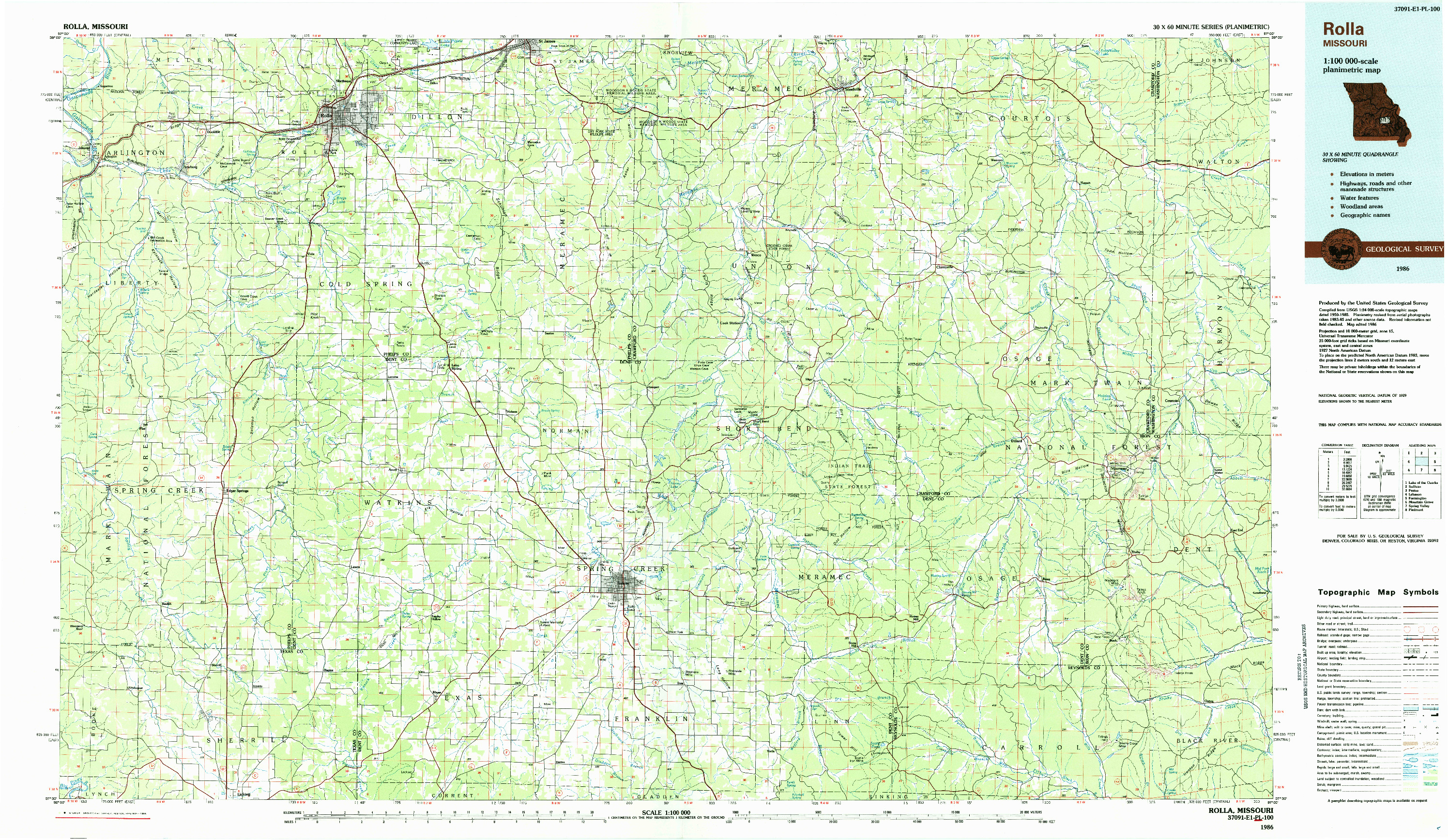 USGS 1:100000-SCALE QUADRANGLE FOR ROLLA, MO 1986