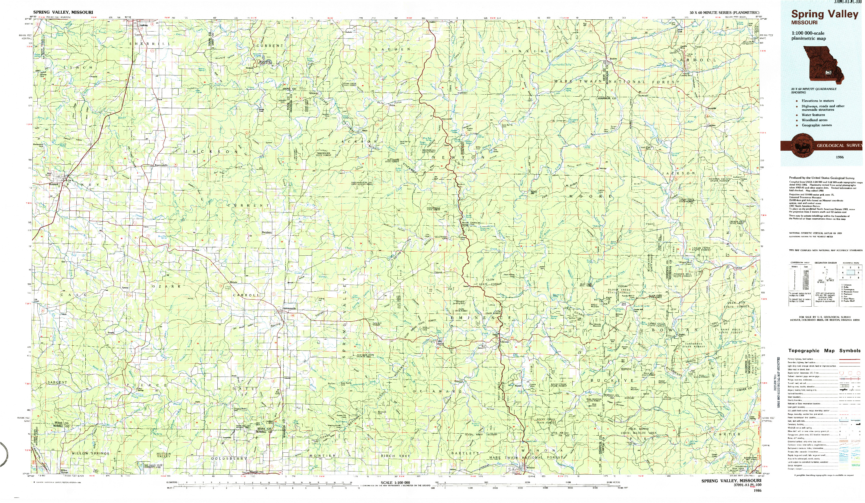 USGS 1:100000-SCALE QUADRANGLE FOR SPRING VALLEY, MO 1986