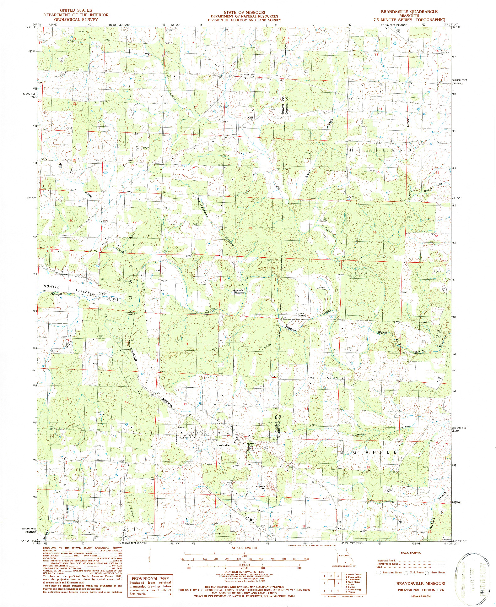 USGS 1:24000-SCALE QUADRANGLE FOR BRANDSVILLE, MO 1986