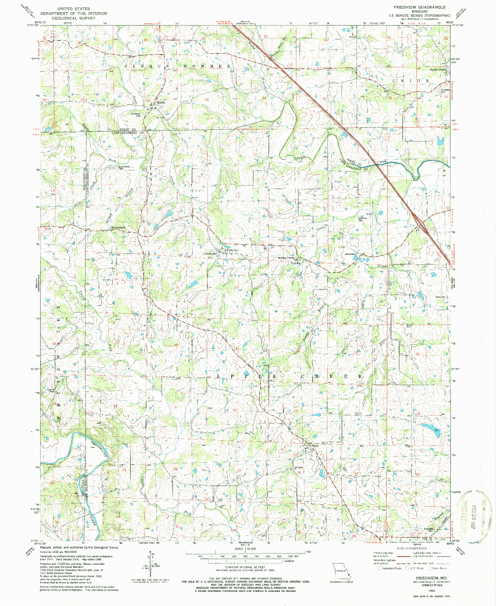 USGS 1:24000-SCALE QUADRANGLE FOR FRIEDHEIM, MO 1980