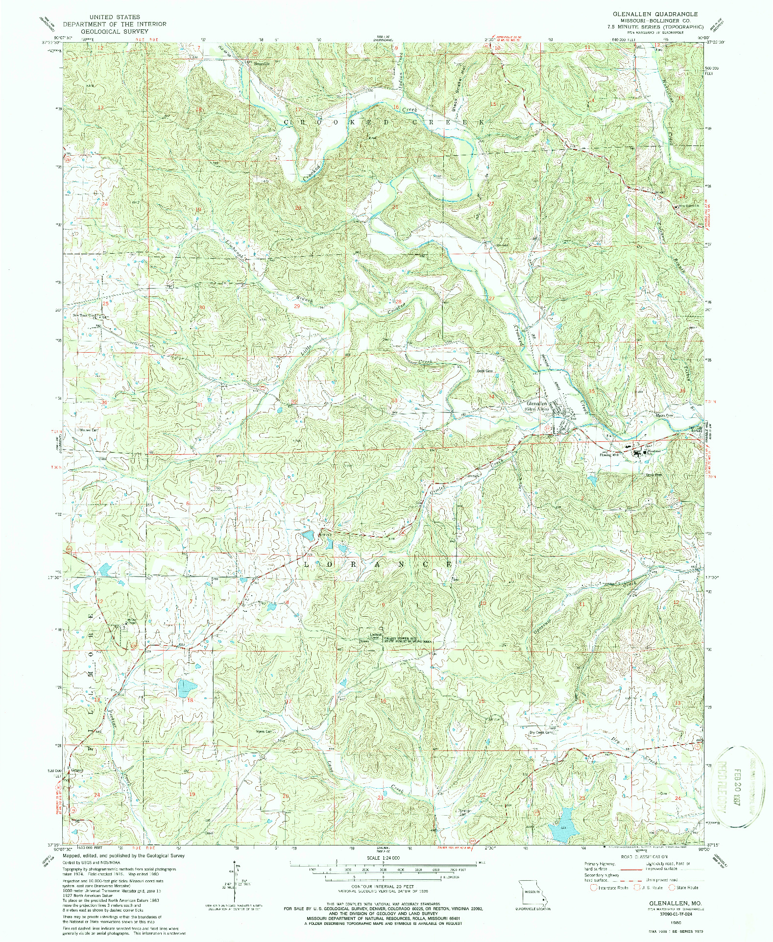 USGS 1:24000-SCALE QUADRANGLE FOR GLENALLEN, MO 1980